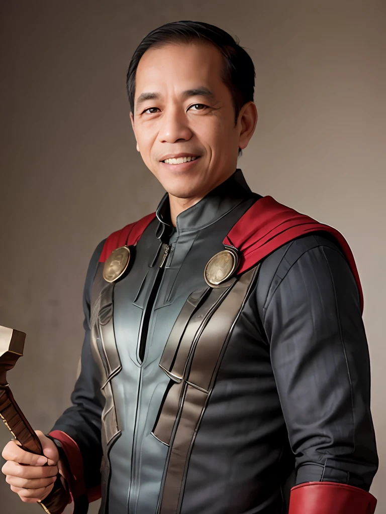 4k, Best quality, masterpiece, ultra high res, beautiful lighting, (realistic, photo-realistic:1.4), realistic background,  jokowi, 1man, 50 years old, smiling, wear thor Chris Hemsworth superhero outfit with mjolnir in hand, long shot