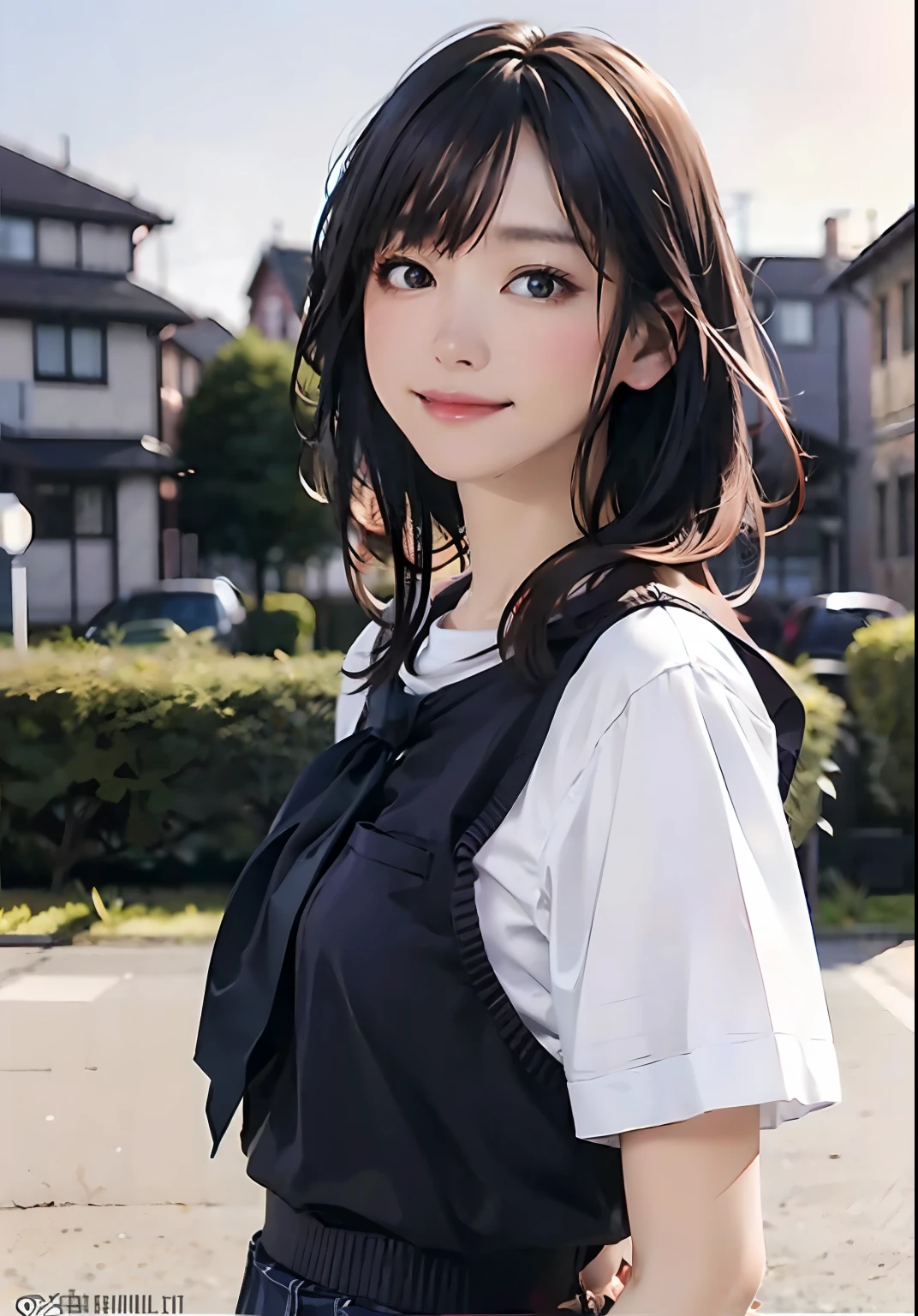 Masterpiece, top quality, official art, highly detailed CG Unity 8K wallpaper, like a schoolgirl, very delicate and beautiful, ultra high resolution, (photorealistic: 1.4), golden hour lighting, (upper body), (platinum shorthair: 0.8), (puffy eyes), looking at the viewer, facing the front, smiling, JK skirt, white dress, Shirt Lift Long Black Hair