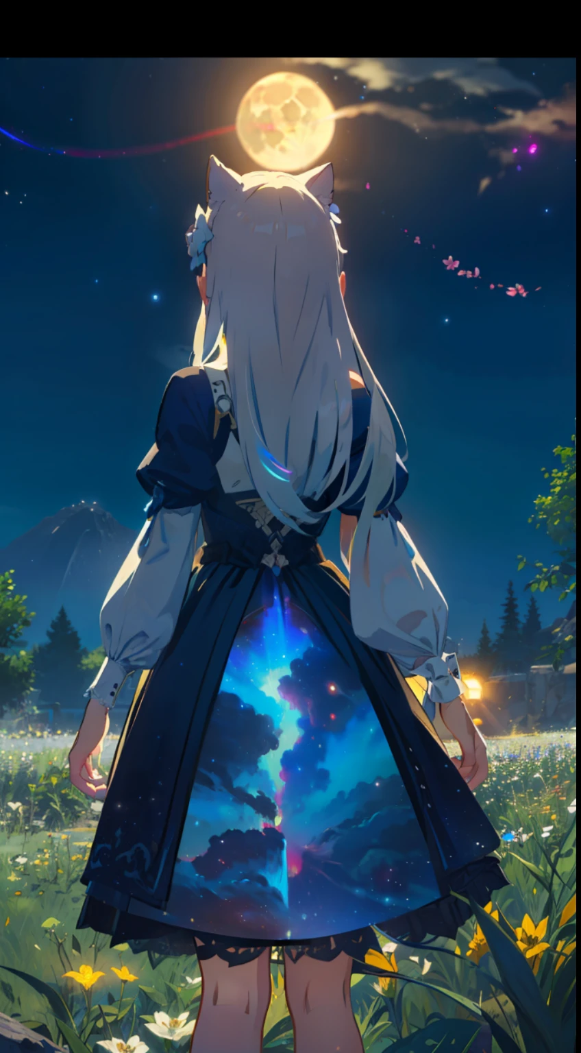 Extensive landscape photo , (above and below looking down), girl standing in flower field looking up, (full moon:1.2), ( shooting stars:0.9), (nebula:1.3), starry sky, white flower field, flower field shining, fantastic flower field, tree , (warm light source:1.2), (firefly:1. 2), lamp, orange and blue mostly fine details, voluminous lighting BREAK (Masterpiece:1.2), (top quality), 4k, super detailed, (dynamic composition:1.4), very fine details, colorful details, ( iridescent:1.2), (glowing lighting, atmospheric lighting), dreamy, fantastic, (solo:1.2), sparkling, glow, petals dancing, white hair, beautiful hair, long hair, cat ears, back view, water effects, soap bubbles, posed, hands are hidden in sleeves, Large lacy sleeves