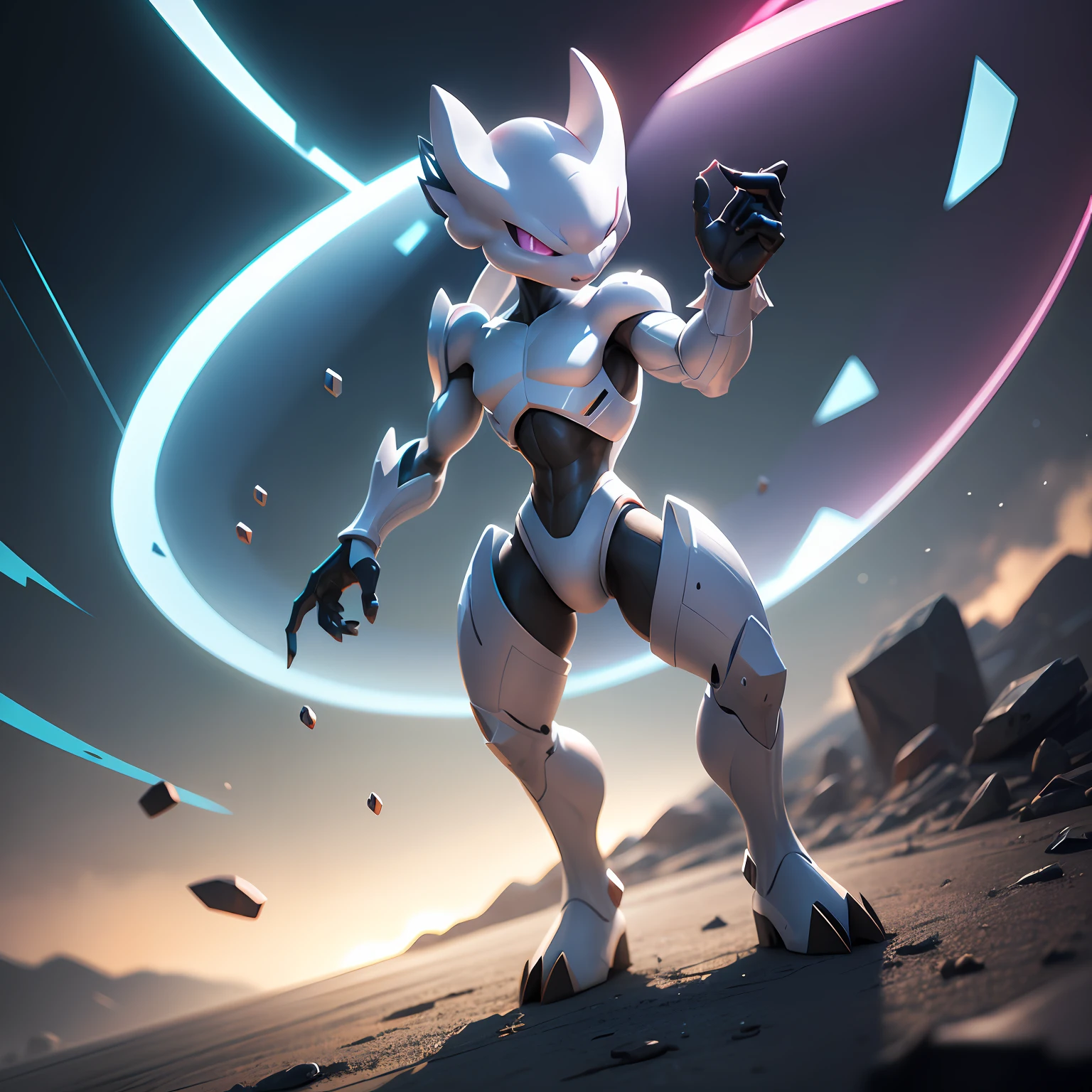 Pokemon Mewtwo, cyber, cuber 2133 style, 8K Unity rendering, skin pores, floating particles --auto