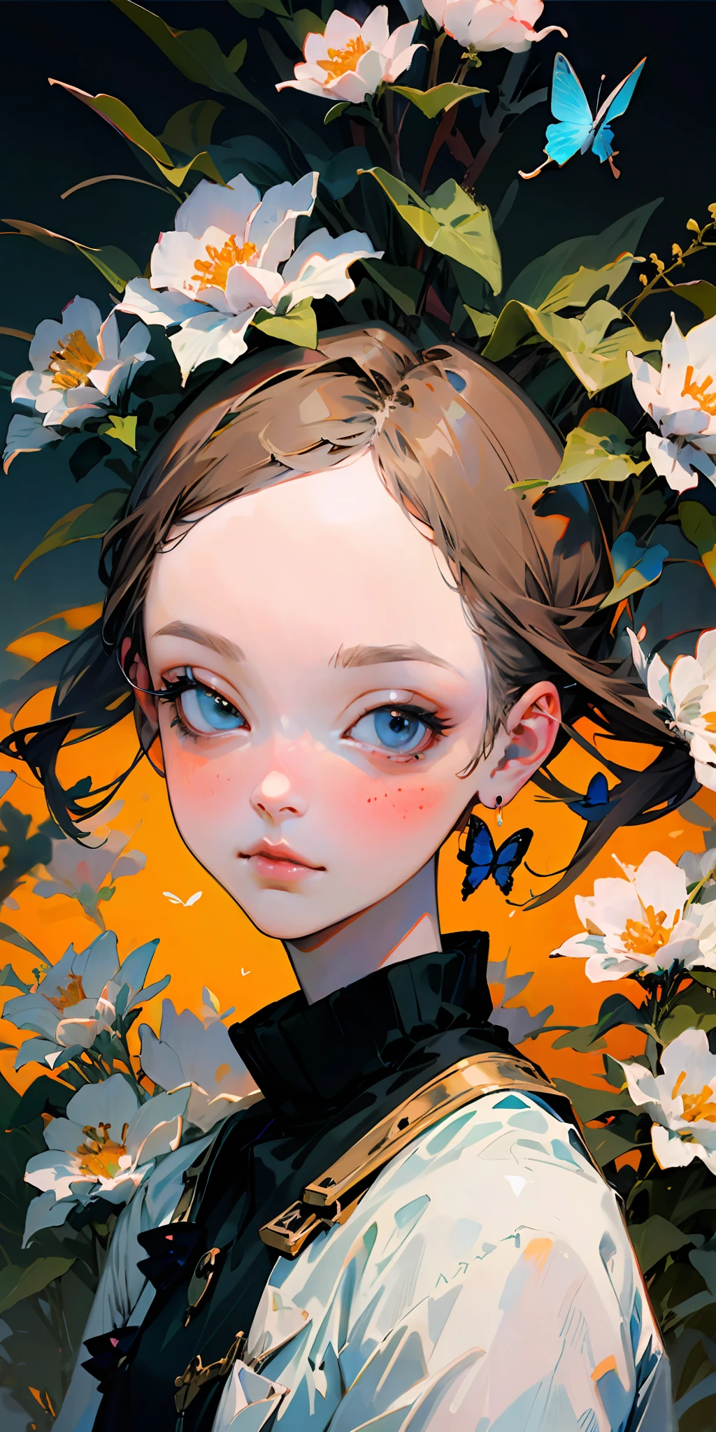 (best quality, masterpiece, ultra-realistic), portrait of 1 beautiful and delicate girl, with a soft and peaceful expression, the background scenery is a garden with flowering bushes and butterflies flying around.