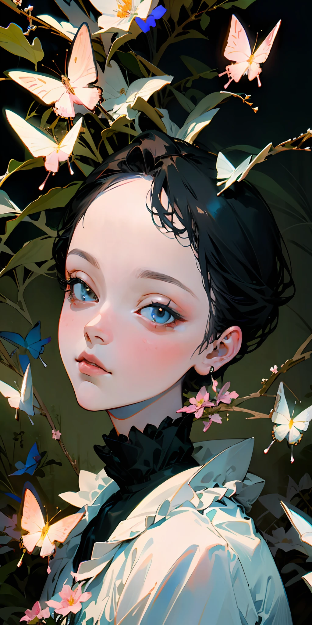 (best quality, masterpiece, ultra-realistic), portrait of 1 beautiful and delicate girl, with a soft and peaceful expression, the background scenery is a garden with flowering bushes and butterflies flying around.