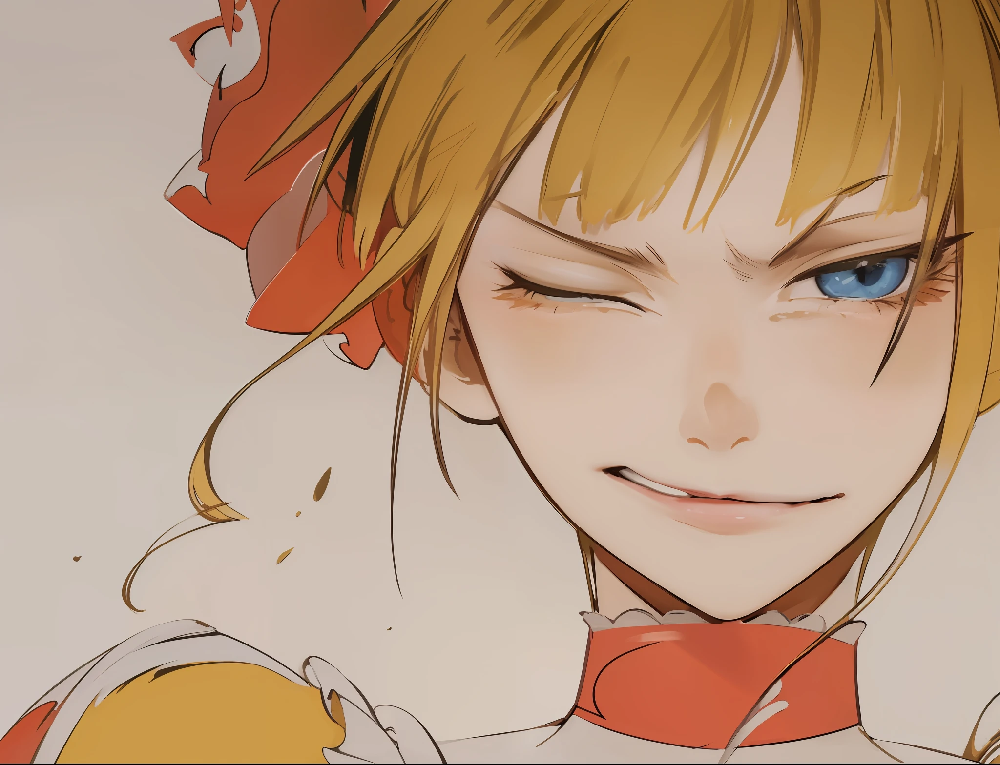 Best Quality, Ultra High Resolution, Detailed Face, Realism, Face Realistic, Extremely Beautiful Eyes, Italian Beauty, Golden Qi Bangs, (High Density Display: 1.4), Sex Turn, A Girl, Solo, Crazy Detail, Intricate Detail, Ultra Detail, Soft Cinematic Light, Exposure Mixing, High Density Display, Intense Light and Shadow, Beatrice (Umineko), Bad Smile, Glow Blue Eyes, Closed One Eye, Long Eyelashes, Contemptuous Eyes, Contemptuous, Gradient Pupils, Golden Eyelashes, blushing, big breasts, raised corners of the mouth, V-shaped eyebrows, obscene expression.