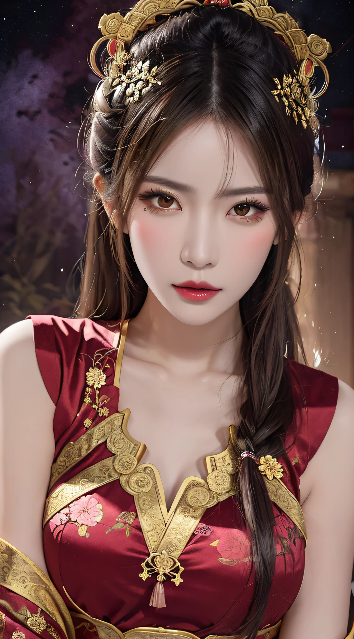Woman wearing red and gold dress, flower background, palace, hanfu girl, wearing red cheongsam, chinese style, with ancient chinese costume, wearing ancient chinese costume, traditional beauty, Chinese Traditional, chinese girl, cheongsam, chinese costume, chinese princess, hanfu, chinese traditional clothing, chinese costume, 1 27-year-old girl, 1 zodiac goddess from the future, goddess of the pink and purple 12 zodiacs, the goddess of the zodiac in a yellow ao dai, a 12 zodiac ao dai with many black lace detail, mythology Goddess of the 12 zodiacs from the future, zodiac ♏, luxurious glittering zodiac style, dark and mysterious version, zodiac crown, lipstick lips red, thin and beautiful lips, mouth closed, characters made by karol bak and pino daeni, intricate detail, detailed background, extremely detailed, light magic, a woman, clear face, hair long with bangs, beautiful face in detail and well-proportioned eyes, (transparent yellow eyes: 1.8), big round eyes and very beautiful and detailed makeup, foresight, silk dress, mysterious makeup , double bangs and dyed light blonde , upper half portrait, zodiac goddess portrait, arms hanging loosely, Realistic and vivid photo, (stars make up the zodiac: 1.7), (sky background zodiac and fictitious space and time portal: 1.8), fiction art, RAW photo, hanfu picture, best photo, best photo quality, 8k quality, 8k ultra, super realistic, real photo most economical, the goddess poses sexy and seductive,