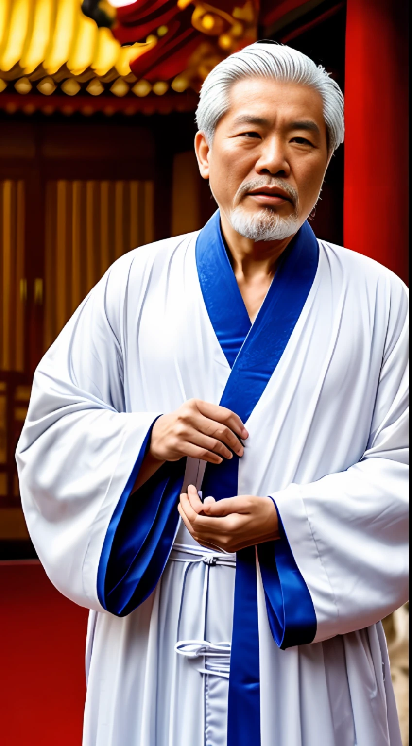 A middle-aged Chinese Taoist priest wearing a Taoist robe, with a white beard, white hair, open eyes, is speaking, movie lighting, Taoist temple background, medium perspective