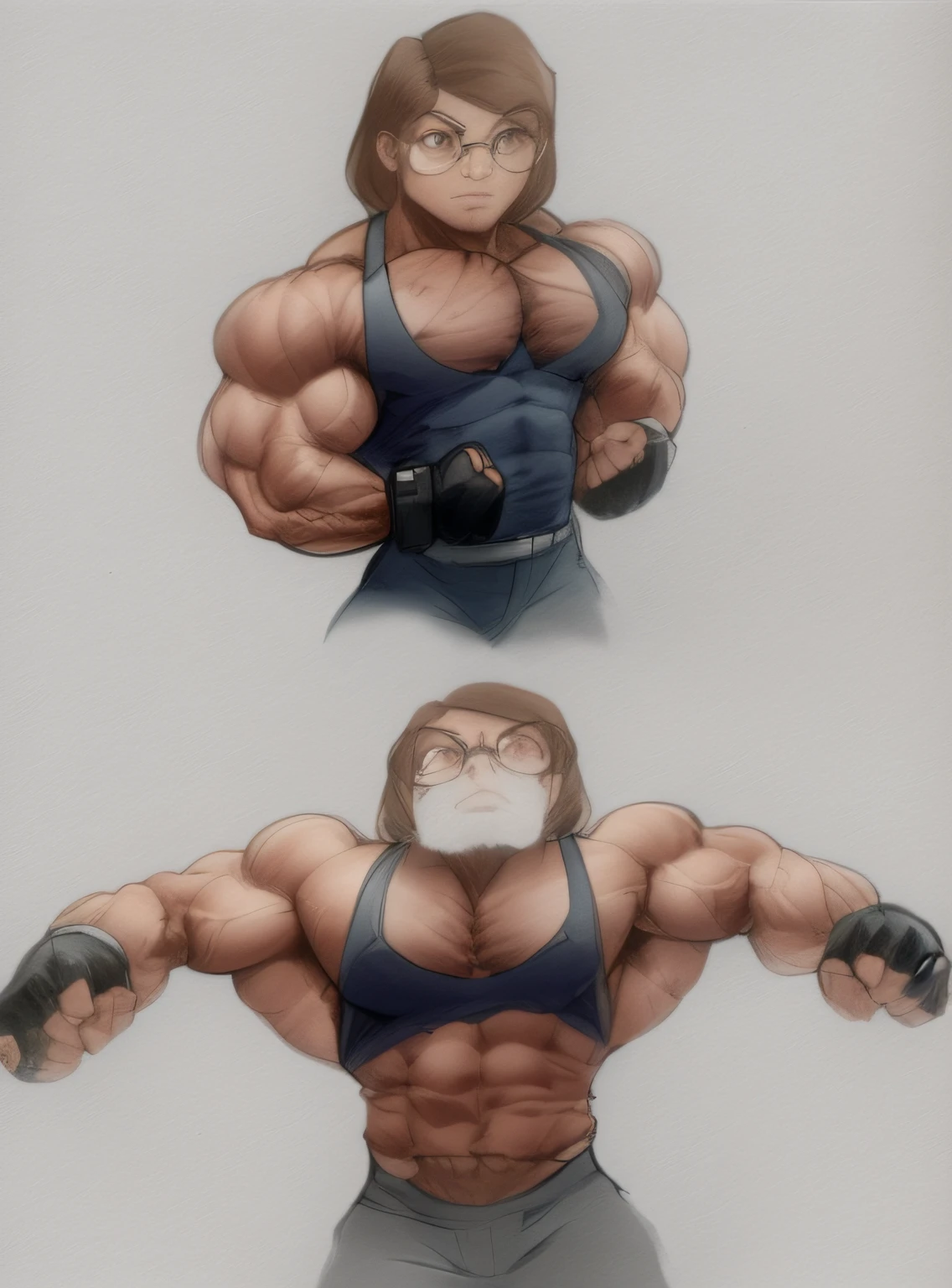 sketches of a girl with huge muscles wearing glasses with light brown hair wearing a tank top, muscular characters, muscular character, large muscles, muscular!! big muscles, massive muscles, extreme muscles, muscular!!, muscular bodies, huge muscles, buff girl, big arms, big muscle,