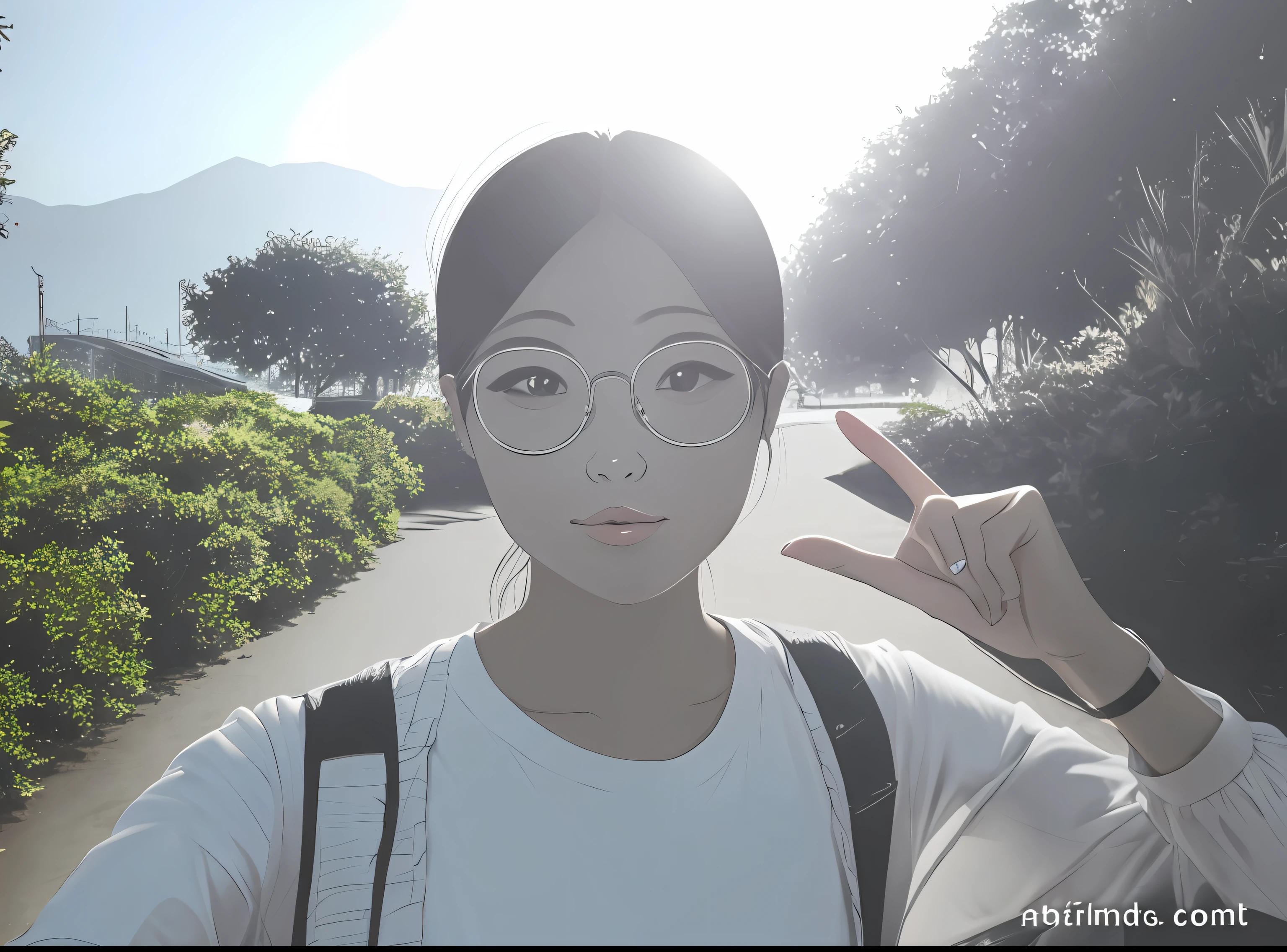 Manga beautiful girl line drawing, wearing glasses, Biye gestures, minimalist