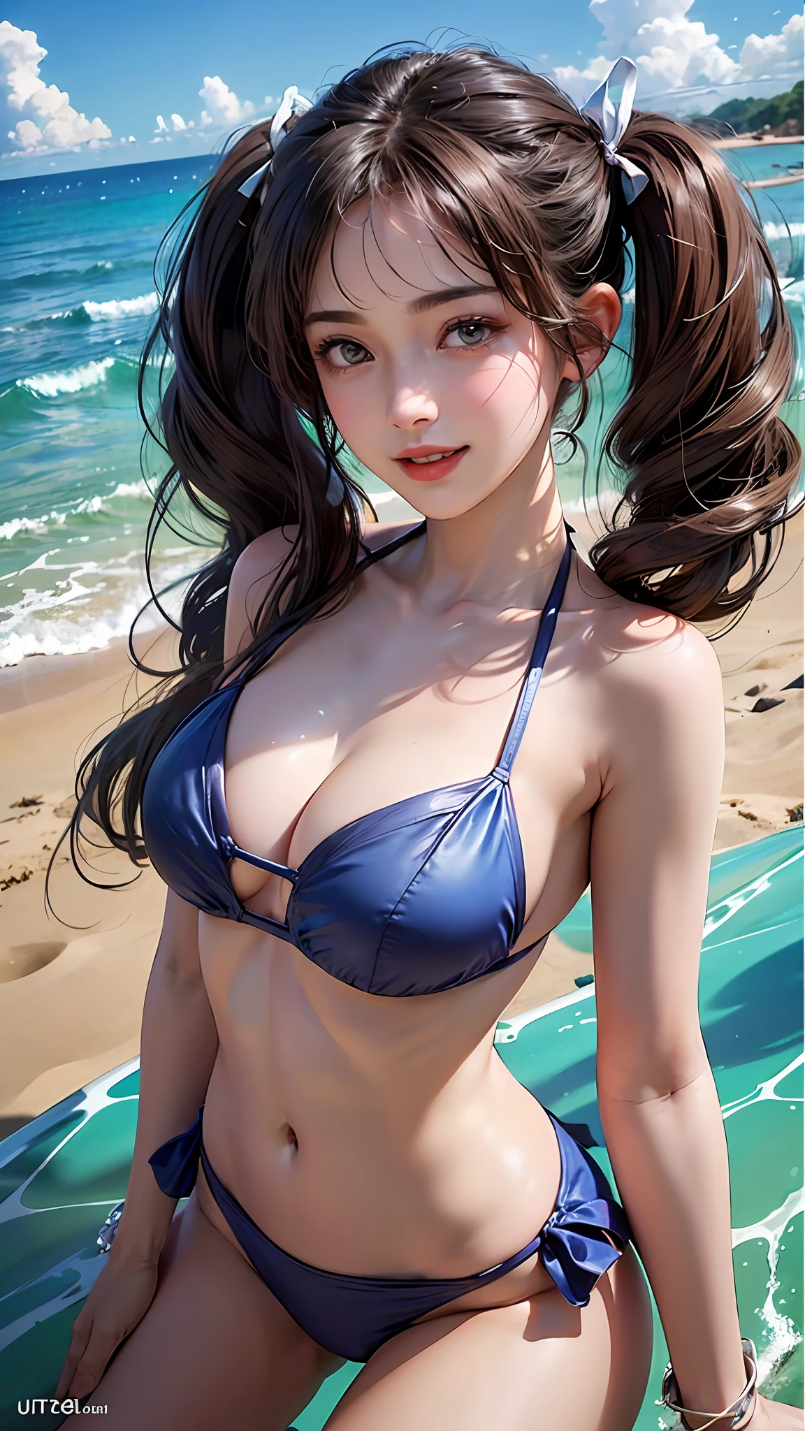 ((Best Quality, 8k, Best Picture Quality, Ultra High Definition)), Beauty, 18 Years Old, Solo, ((Big: 1.7)), (Baby Face,)), ((Full Body)), Gentle Smile, Slender, Small Hips, Ultra High Detail and Beautiful Skin, Fair Skin, Brown Hair, Twin Tails, Sandy Beach, Blue Sky, Sexy Bikini, Ultra Detailed and Beautiful Face