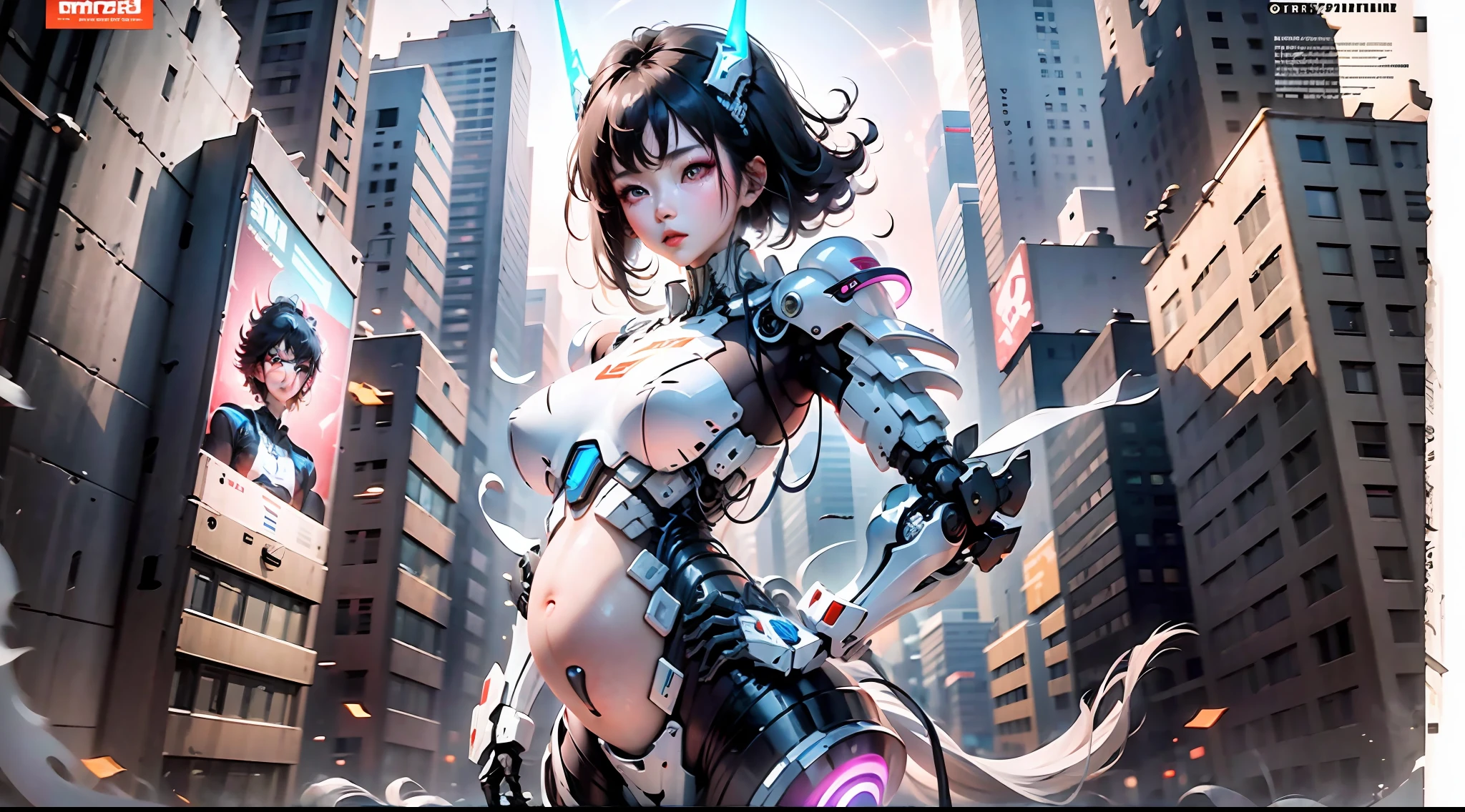 (Very detailed: 1.5) Futuristic mech girl on neon flashing sci-fi magazine cover, (Cyberpunk: 1.3) style, dressed in stylish combat suit with glowing accents, confidently posing as a giant robot in the background, (bold typography: 1.2), dynamic composition, bright colors, (Akira style: 1.1), (Hajime Sorayama inspiration: 1.2) pregnant, pregnant belly
