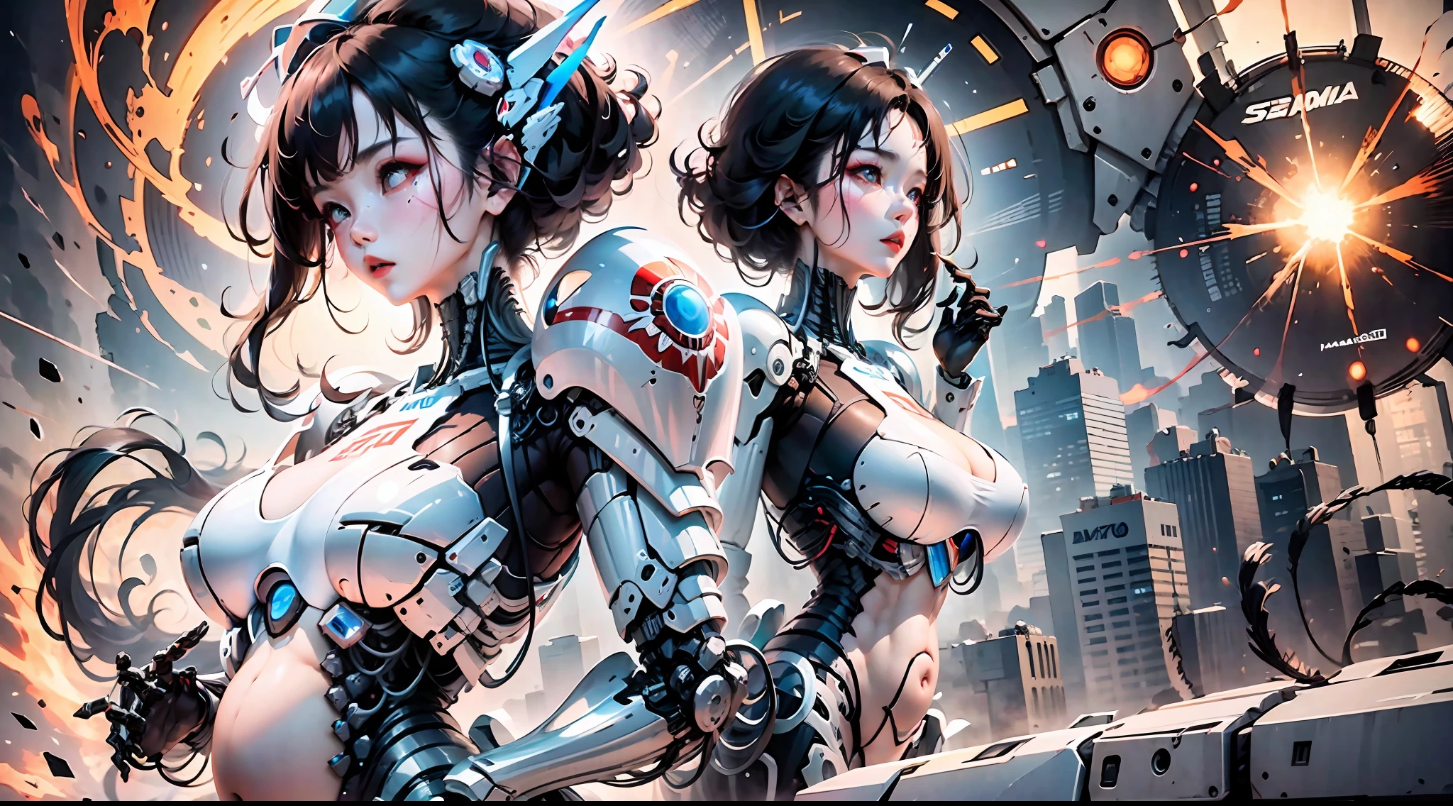 (Very detailed: 1.5) Futuristic mech girl on neon flashing sci-fi magazine cover, (Cyberpunk: 1.3) style, dressed in stylish combat suit with glowing accents, confidently posing as a giant robot in the background, (bold typography: 1.2), dynamic composition, bright colors, (Akira style: 1.1), (Hajime Sorayama inspiration: 1.2) pregnant, pregnant belly