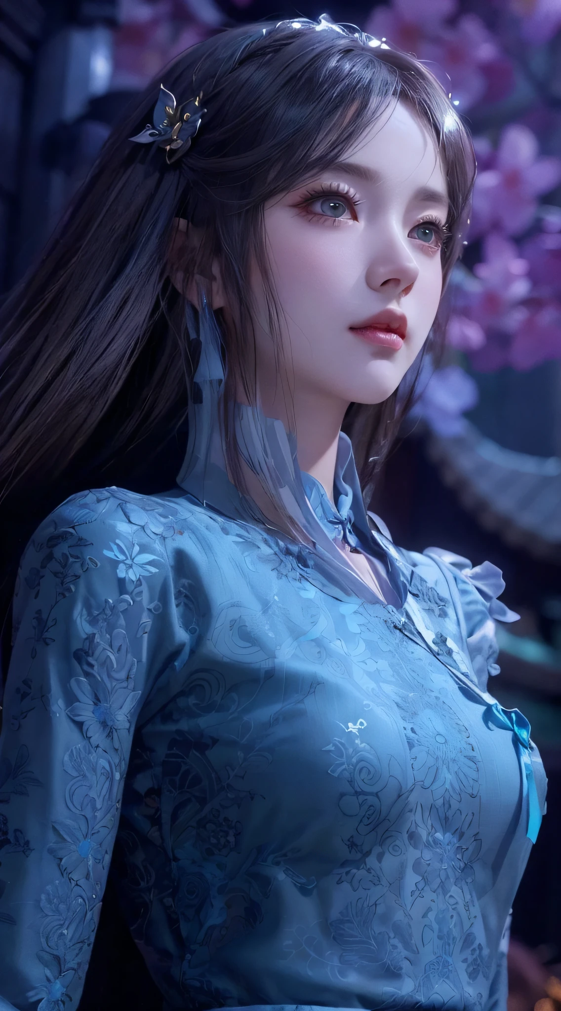 a close up of a woman with long hair and a blue dress, game cg, smooth anime cg art, intricate ornate anime cgi style, full body xianxia, cinematic goddess close shot, hyperdetailed fantasy character, 3 d anime realistic, anime cgi, 4 k detail fantasy, close up character, 3 d render character art 8 k, 8k high quality detailed art,((Superb beauty)),((perfect face)),((with exquisite facial features))