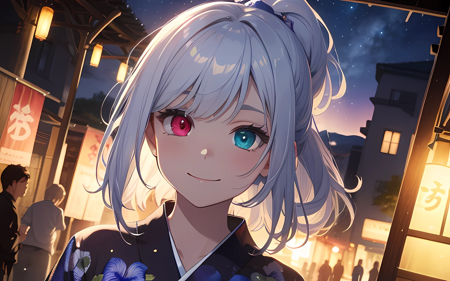 masterpiece, Top Quality, Photorealistic, Ultra detailed, Delicate, Orderly, High Detail, Bluish-silver ponytail, (drooping heterochromia iris:1.3),,10 yearsassing,Smile,Slender,Cowboy shot, Blurred background,(One Girl:1.1),Game CG,Dynamic Angle,(Bioluminescent hair,Glowing eyes:1.2), ambient occlusion,ambient light,ray-traced reflection, glow,glowing aura,glowing hair,tanabata,yukata, milky way, birthday celebration, bouquet