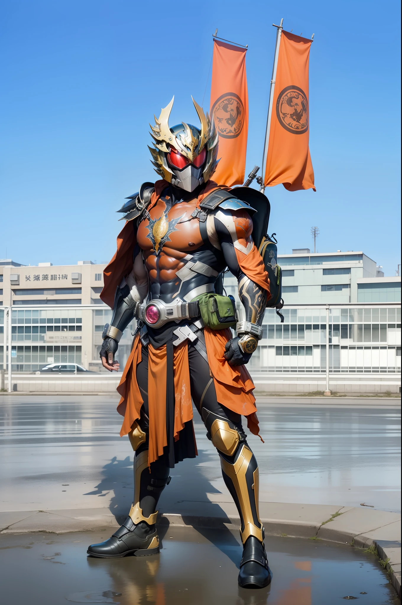 strong muscular man, street angry, backpack, epic realistic, photo, faded, complex stuff around, intricate background, soaking wet, neutral colors, ((((hdr)))), ((((muted colors)))), intricate scene, artstation, intricate details, vignette, super detail, kamen rider gaim kachidoki arms, ultra realistis, masterpiace