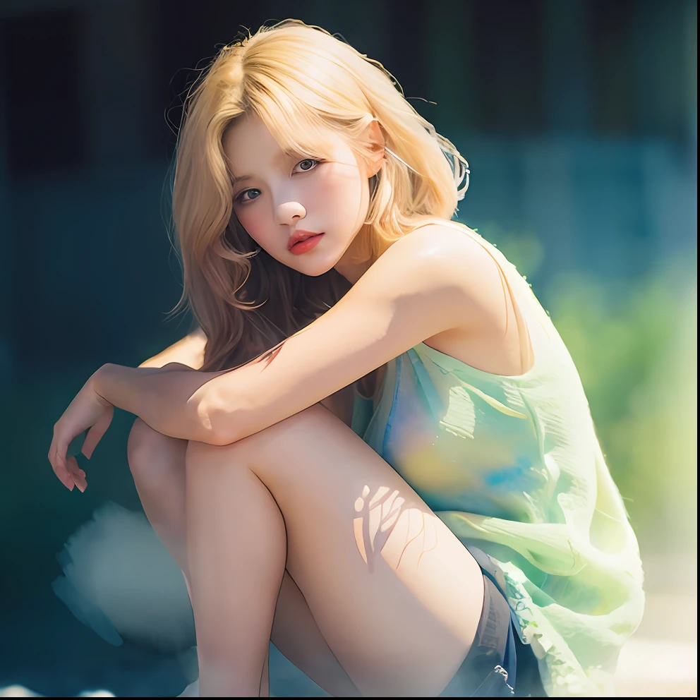 absurdres, highres, ultra detailed, (1woman:1.5),Slouching,on the floor,BREAK (watercolor style, soft blending, dreamy washes, delicate textures,:1.4)