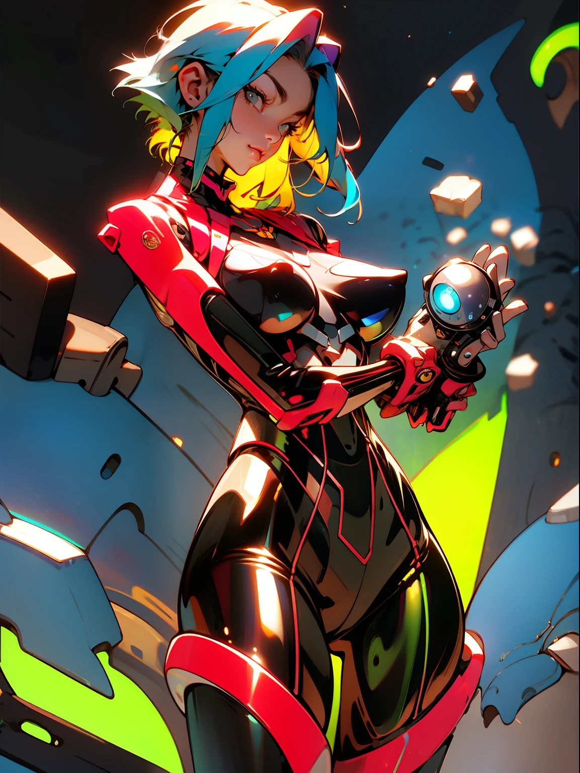 ((Best quality)), ((masterpiece)), (detailed: 1.4), (Absurd), light-skinned ta with micro bikini, Genesis evangelion neon style clothing, 2 piece clothing, colored hair, tattoo on arms, cybernetic hand, pastel, centered, scale to fit dimensions, HDR (High Dynamic Range),Ray Tracing,NVIDIA RTX,Super-Resolution,Unreal 5,Subsurface dispersion, PBR texture, Post-processing, Anisotropic filtering, Depth of field, Maximum clarity and sharpness, Multilayer textures, Albedo and specular maps, Surface shading, Accurate simulation of light-material interaction, Perfect proportions, Octane Render, Two-tone lighting, Wide aperture, Low ISO, White balance, Rule of thirds, 8K RAW, crysisnanosuit