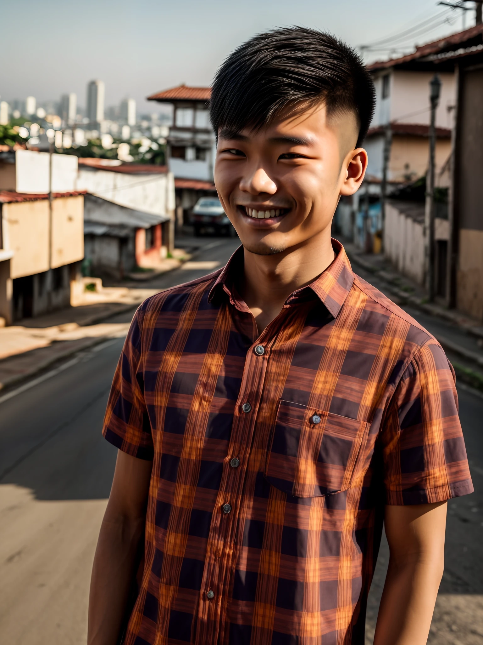 Close up photo of a 17 years old chinese boy, light brown skin, goatee, short black hair, smiling, wearing a red plaid shirt, at a street in the favela in São Paulo, Brazil, 8 am, golden hour, 8k, 35mm, iPhone 12 shot, deep focus, realistic colors, ambient lighting, instagram filter