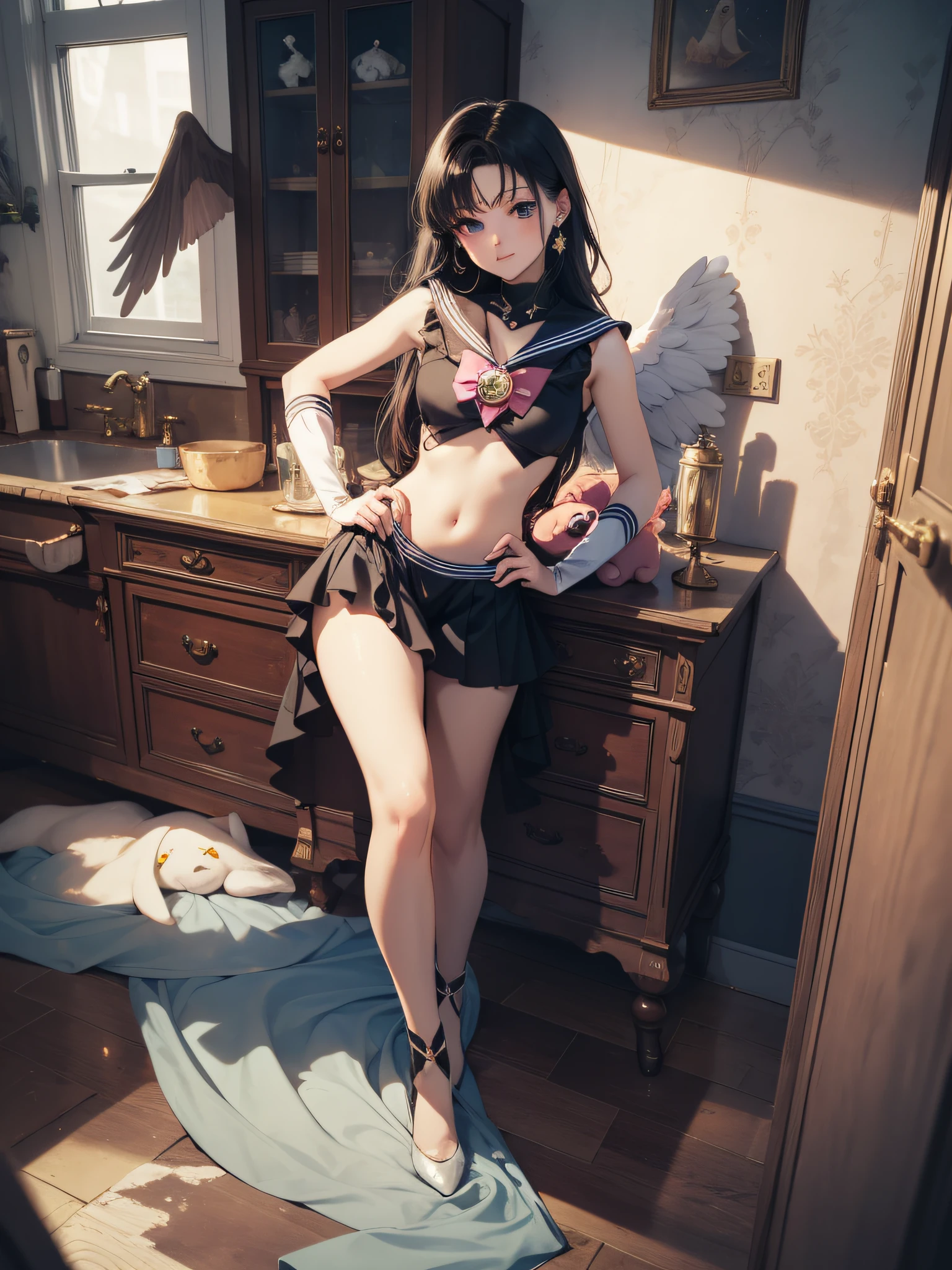 ((Masterpiece)), pink sailor moon costume, beautiful wings, beautiful and tender face, beautiful eyes, beautiful hair, beautiful stuffed animals, fantasy background