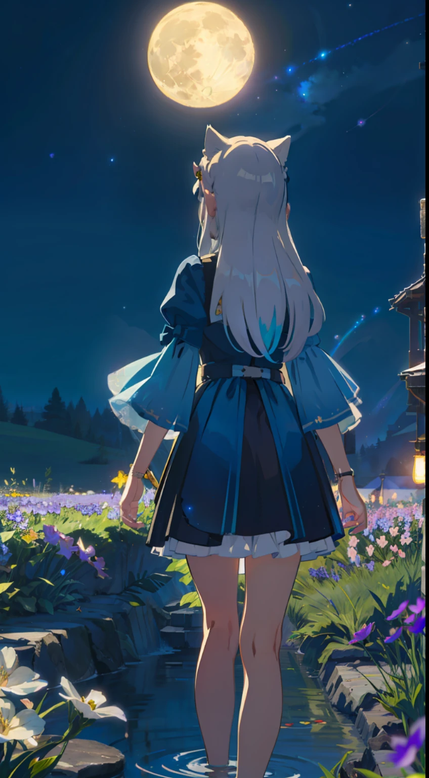Extensive landscape photo , (above and below looking down), girl standing in flower field looking up, (full moon:1.2), ( shooting stars:0.9), (nebula:1.3), starry sky, white flower field, flower field shining, fantastic flower field, tree , (warm light source:1.2), (firefly:1. 2), lamp, orange and blue mostly fine details, voluminous lighting BREAK (Masterpiece:1.2), (top quality), 4k, super detailed, (dynamic composition:1.4), very fine details, colorful details, ( iridescent:1.2), (glowing lighting, atmospheric lighting), dreamy, fantastic, (solo:1.2), sparkling, glow, petals dancing, white hair, beautiful hair, long hair, cat ears, back view, water effects, soap bubbles, posed, hands are hidden in sleeves, Large lacy sleeves