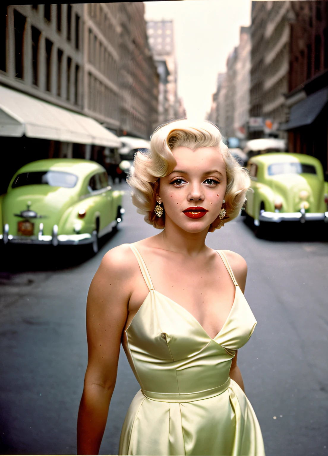 POV, vintage photo of Marilyn Monroe posing for a photo shoot on a New York street, very diffuse light, skin moles, sensual, appearing part of breasts, wearing a sensual satin lime color dress from 1950, breasts shows, retro scenery in the background, 1950s cars, SEPIA, 1950s (highly detailed skin: 1.2), 16k, uhd, dslr,  soft lighting, high quality, grain film, FujifilmXT3