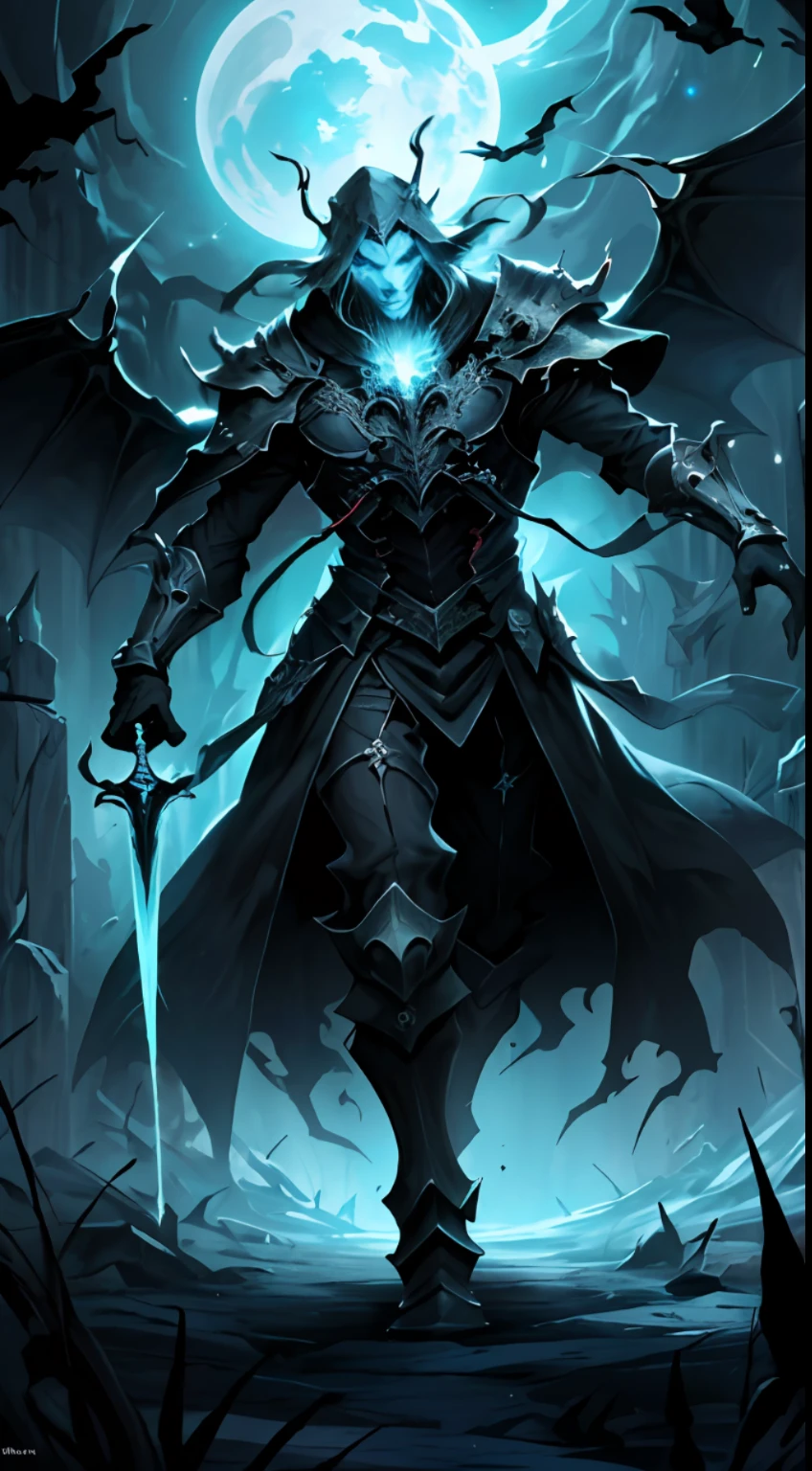 (((Masterpiece))), (((UHD))), (((Textured skin))), (((Super detail))), (((High details))), (((High quality))): Describe a Necromancer Mage in a vast open space as he summons demonic creatures from the depths of the beyond. The magician is in a central position, surrounded by a mystical circle drawn on the ground. His eyes glow with a dark energy, while his outstretched hands summon the power of darkness. Demonic creatures begin to emerge from the ground, their distorted and sinister forms filling the distant horizon. The image captures the grandeur of the scene, with the vastness of the space revealing a dark and fearsome landscape. The demonic creatures are depicted in stunning detail, with textured skin and grotesque features. Their distant forms create a sense of depth, conveying the immensity of the Necromancer's summoning. The lighting is bleak, with a play of shadows and lights that enhances the sinister mood of the scene. Sparks of magical energy and smoke envelop the magician and the creatures, creating an atmosphere charged with mystery and danger. With the use of the ((atmospheric perspective)) technique, the shapes and details of the demonic creatures become more subtle as they extend along the distant horizon, creating a sense of depth and realism. This high-quality, high-resolution image (((Retina))), with skin textures and visual elements (((super detail))), conveys the magnitude of the Necromancer Wizard's dark power as he conjures up demonic creatures. The minute details of the creatures and the sense of vastness in the distant landscape provide a stunning and immersive visual experience, immersing the viewer in a fantasy world filled with danger and dark magic.