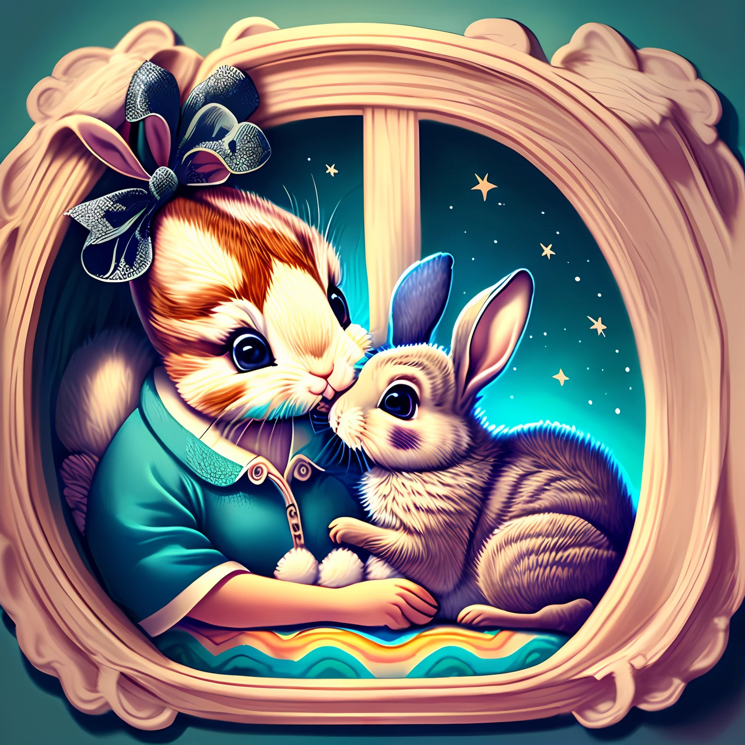 mommy bunny, lying down, getting a goodnight kiss, high quality picture, children's book template, picture full of details, colorful --auto