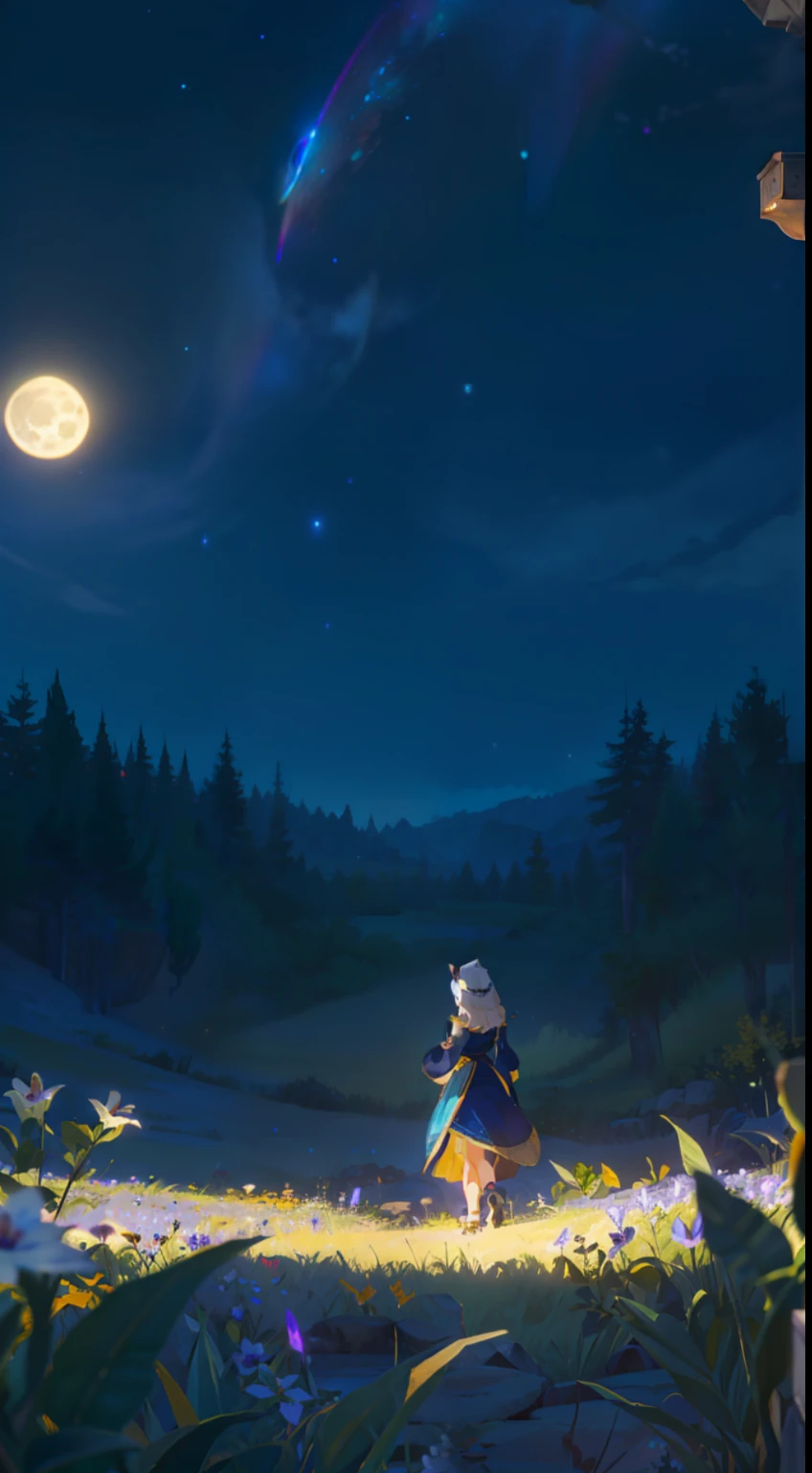 Extensive landscape photo , (above and below looking down), girl standing in flower field looking up, (full moon:1.2), ( shooting stars:0.9), (nebula:1.3), starry sky, white flower field, flower field shining, fantastic flower field, tree , (warm light source:1.2), (firefly:1. 2), lamp, orange and blue mostly fine details, voluminous lighting BREAK (Masterpiece:1.2), (top quality), 4k, super detailed, (dynamic composition:1.4), very fine details, colorful details, ( iridescent:1.2), (glowing lighting, atmospheric lighting), dreamy, fantastic, (solo:1.2), sparkling, glow, petals dancing, white hair, beautiful hair, long hair, cat ears, back view, water effects, soap bubbles, posed, hands are hidden in sleeves, Large lacy sleeves