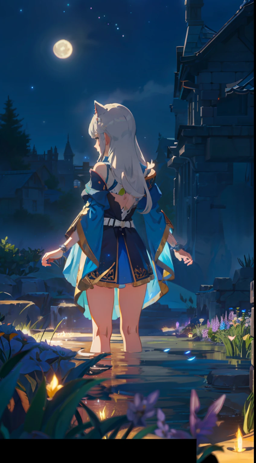 Extensive landscape photo , (above and below looking down), girl standing in flower field looking up, (full moon:1.2), ( shooting stars:0.9), (nebula:1.3), starry sky, white flower field, flower field shining, fantastic flower field, tree , (warm light source:1.2), (firefly:1. 2), lamp, orange and blue mostly fine details, voluminous lighting BREAK (Masterpiece:1.2), (top quality), 4k, super detailed, (dynamic composition:1.4), very fine details, colorful details, ( iridescent:1.2), (glowing lighting, atmospheric lighting), dreamy, fantastic, (solo:1.2), sparkling, glow, petals dancing, white hair, beautiful hair, long hair, cat ears, back view, water effects, soap bubbles, posed, hands are hidden in sleeves, Large lacy sleeves