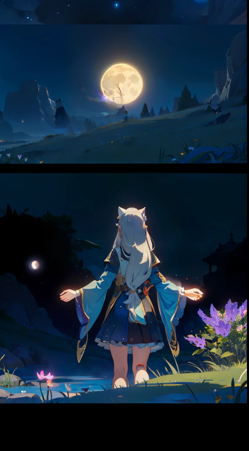 Extensive landscape photo , (above and below looking down), girl standing in flower field looking up, (full moon:1.2), ( shooting stars:0.9), (nebula:1.3), starry sky, white flower field, flower field shining, fantastic flower field, tree , (warm light source:1.2), (firefly:1. 2), lamp, orange and blue mostly fine details, voluminous lighting BREAK (Masterpiece:1.2), (top quality), 4k, super detailed, (dynamic composition:1.4), very fine details, colorful details, ( iridescent:1.2), (glowing lighting, atmospheric lighting), dreamy, fantastic, (solo:1.2), sparkling, glow, petals dancing, white hair, beautiful hair, long hair, cat ears, back view, water effects, soap bubbles, posed, hands are hidden in sleeves, Large lacy sleeves