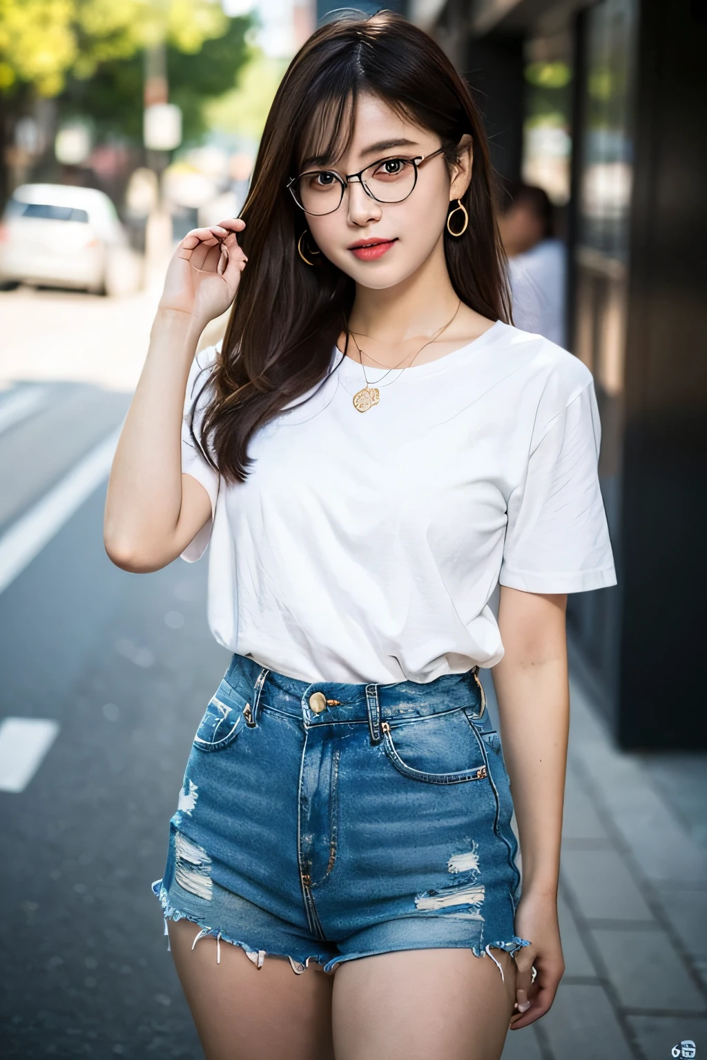 (8k, RAW photos, top quality, masterpiece: 1.2), ultra detail, ultra high resolution, (realistic, realistic photos: 1.37), high-definition RAW color photos, professional photos, Very delicate and beautiful, highly detailed 8k wallpaper, amazing, detail, huge file size, official art, highly detailed CG Unity 8k wallpaper, very detailed beautiful girl, very detailed face, very detailed eyes, Very detailed skin, very detailed fingers, very detailed nose, very detailed mouth, perfect anatomy, very detailed background, very detailed clothes, 1 girl, (18 years old: 1.2), teenager, cute girl, famous Japan idol, cute, (small: 1.2), realistic body, petite, fair skin, shiny skin, slender figure, good figure, dark hair, long straight hair, (dull bangs: 1.2), smile, cute, young, cute face, baby face, realistic face, beautiful detailed eyes, drooping eyes, beautiful big eyes, big black eyes, beautiful clear eyes, short sleeves, short pants, thighs, necklaces, earrings, If you look at the viewer, you will see cowboy shots, front view, standing position, contrappost, outdoor, public, crowd, Dynamic lighting, glasses