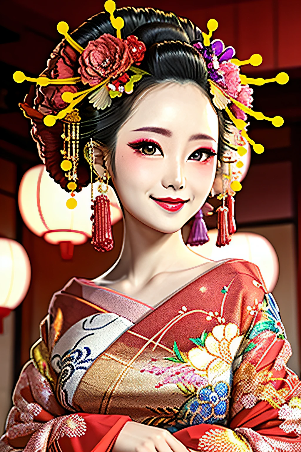 4K, Masterpiece, highres, absurdres,natural volumetric lighting and best shadows, smiling,deep depth of field,soft delicate beautiful attractive face, beautiful edgOiran_woman, a woman in a kimono posing for a picture ,perfect edgOiran_face,perfect edgOiran_body,edgOiran_makeup,edgOiran_hairstyle