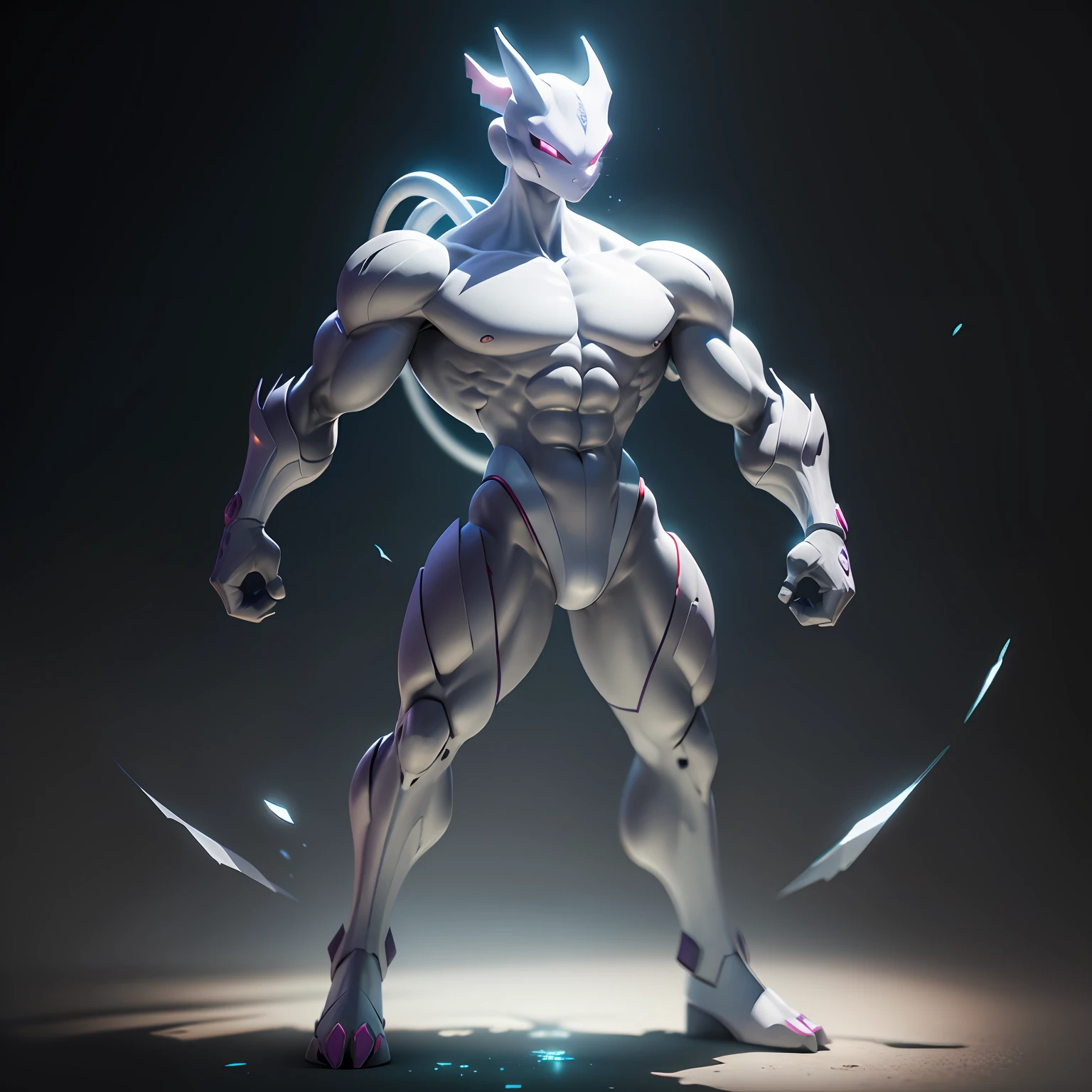 Pokemon Mewtwo, cyber muscular, cyber 2133 style, 8K Unity rendering, skin pores, floating particles --auto