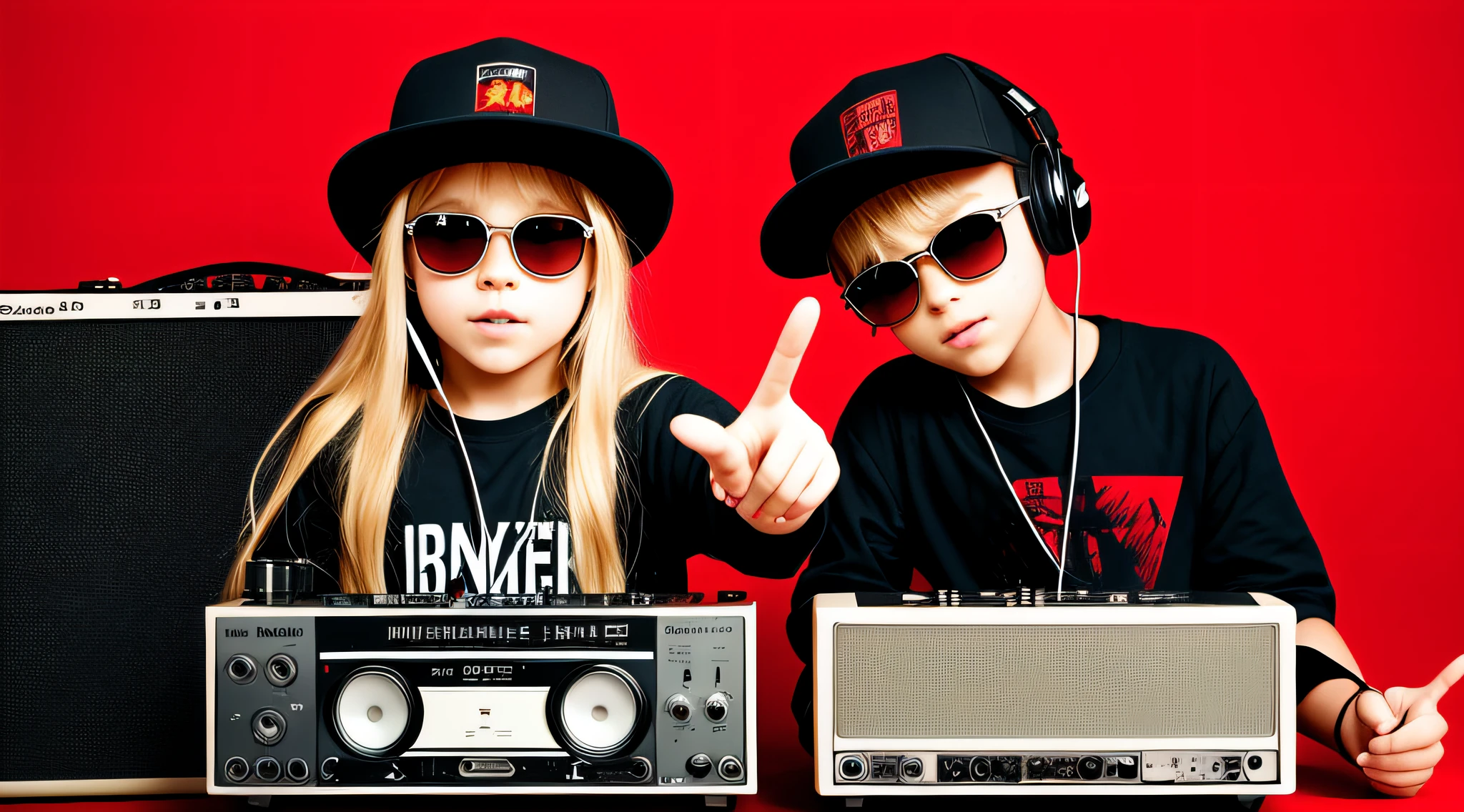 mENINA CHILD BLONDE LONG HAIR WEARING A HAT, holding a boombox and pointing with his hand, boombox, music guy, ghetto blaster, on a red background, playing for music, on red background, dj, very low quality picture, red sunglasses and a guitar, big ghetto blaster, with headphones, music is life, new music, vibrating with music