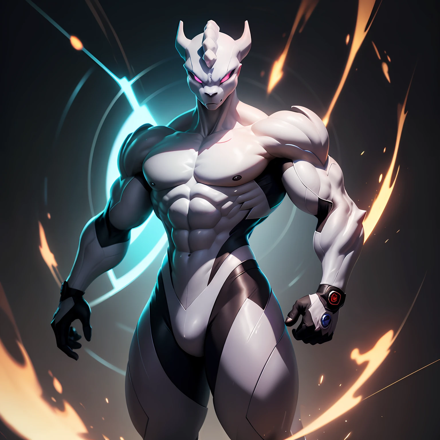 Pokemon Mewtwo, cyber muscular, cyber 2133 style, 8K Unity rendering, skin pores, floating particles --auto