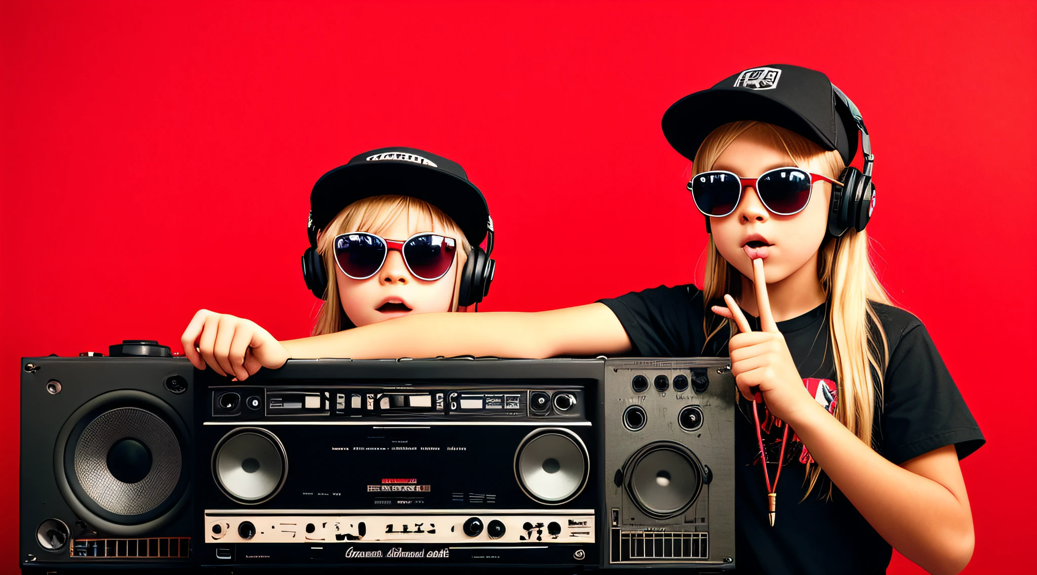 mENINA CHILD BLONDE LONG HAIR WEARING A HAT, holding a boombox and pointing with his hand, boombox, music guy, ghetto blaster, on a red background, playing for music, on red background, dj, very low quality picture, red sunglasses and a guitar, big ghetto blaster, with headphones, music is life, new music, vibrating with music