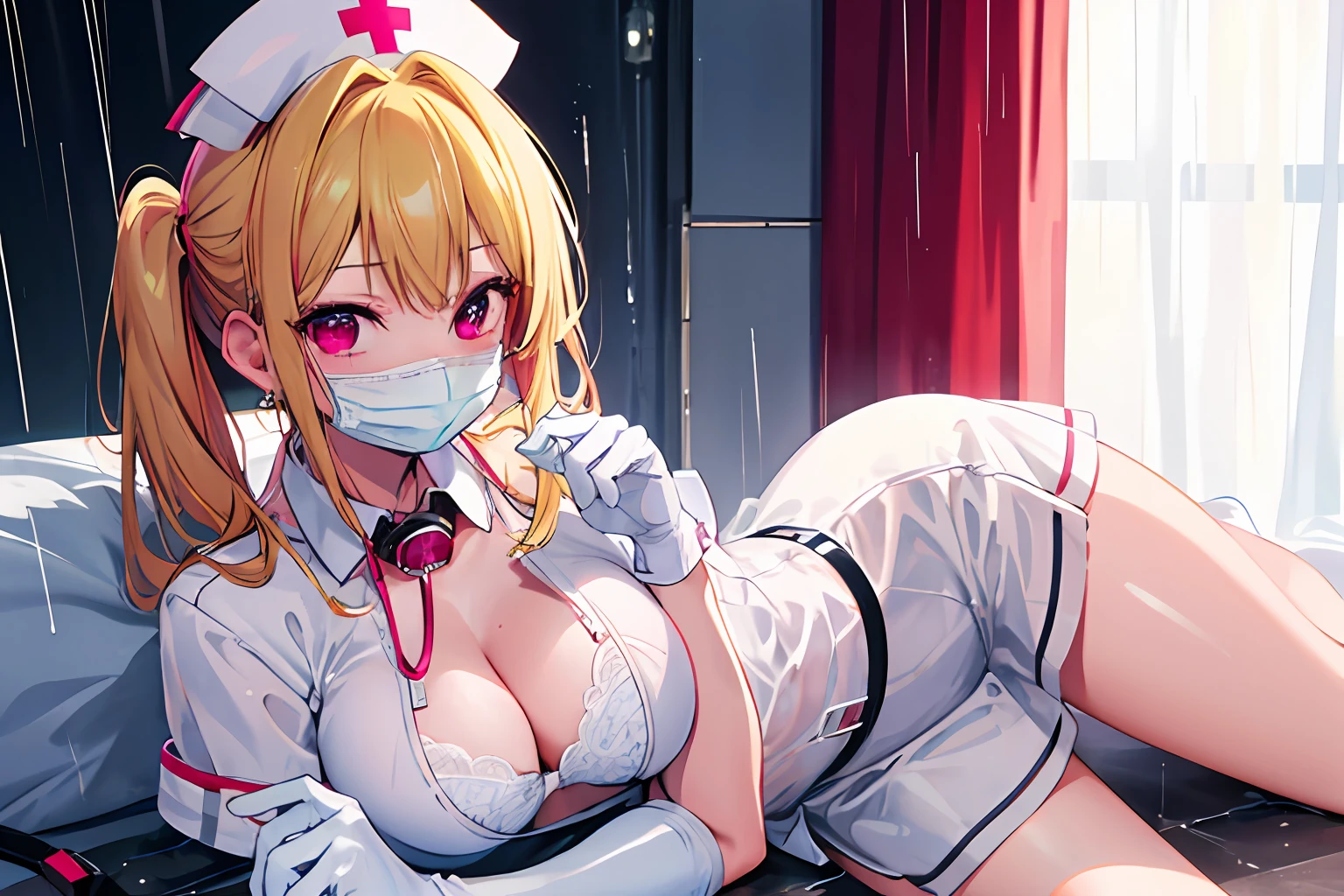(((masterpiece))), ((best quality)), detailed, solo, 1 girl, Hoshino Ruby, fine lingerie, seductive pose, (rain), chest curtains, nurse's cap, latex gloves, surgical mask, sexy pose, neck collar, dog leash around neck,