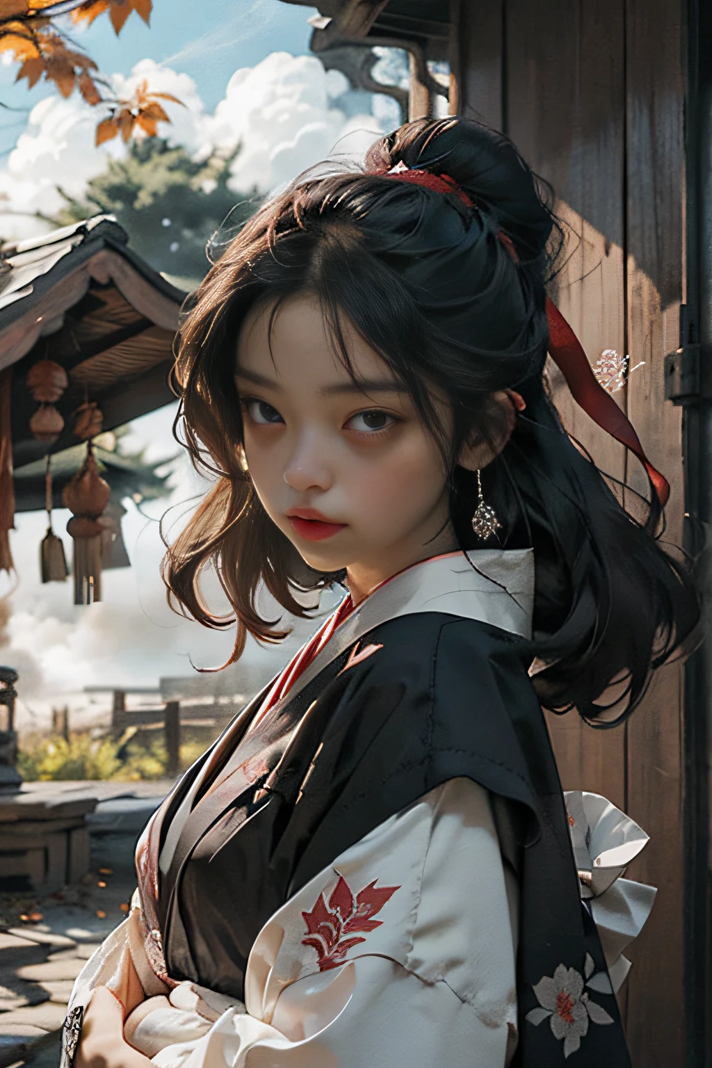 official art, Unity 8k wallpaper, super detailed, beautiful, beautiful, masterpiece, best quality, mystery, romanticism, horror, literature, art, fashion, tang dynasty era, decoration, intricate, embroidery, black hanfu, black tulle coat, 1 girl, black hair, red headband, black hairpin, sad, fatalistic, bust composition, dramatic composition, movie lighting, dynamic perspective, sexy, red maple forest, maple leaves falling, red maple background, cloudy fog, dramatic composition, black cat,