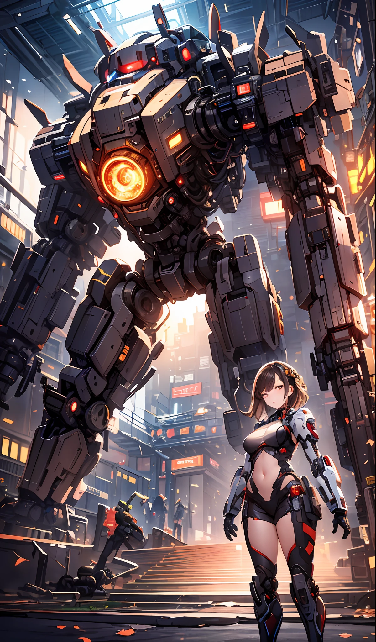 ((masterpiece, best quality)),illustration,ultra detailed 8k,photorealistic,sharp focus,highly detailed,professional lighting,colorful details,iridescent colors BREAK extreme long shot of a factory,large mechanical robot construction,microchip,computer,glowing,intricate details,shitu-mecha,1girl is standing in front of the audience,Navel