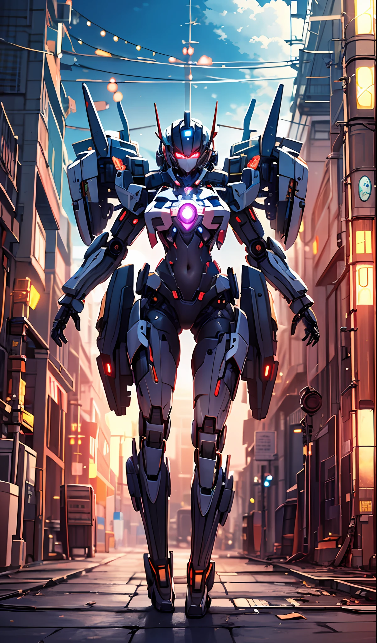 ((masterpiece, best quality)),illustration,ultra detailed 8k,photorealistic,sharp focus,highly detailed,professional lighting,colorful details,iridescent colors BREAK extreme long shot of a factory,large mechanical robot construction,microchip,computer,glowing,intricate details,shitu-mecha,1girl is standing in front of the audience,Navel