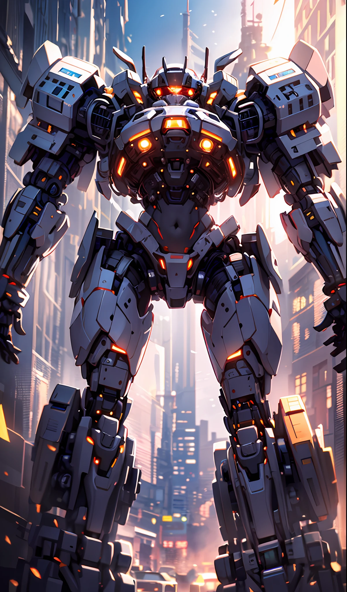 ((masterpiece, best quality)),illustration,ultra detailed 8k,photorealistic,sharp focus,highly detailed,professional lighting,colorful details,iridescent colors BREAK extreme long shot of a factory,large mechanical robot construction,microchip,computer,glowing,intricate details,shitu-mecha,1girl is standing in front of the audience,Navel