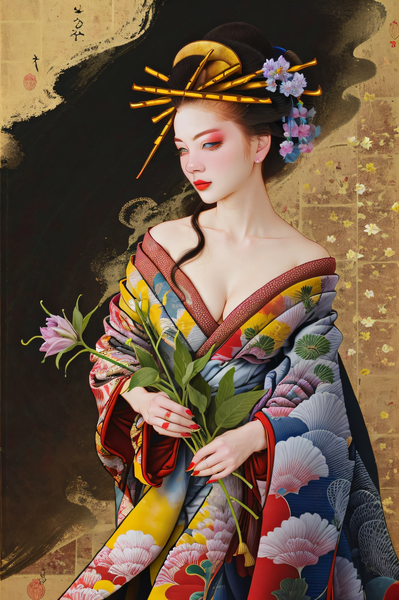 split color hair,ichiro, 
1girl, solo, blue eyes, black hair, hair ornament, holding, cleavage, medium breasts, flower, japanese clothes, kimono, off shoulder, nail polish, makeup, lipstick, yellow background, red nails, eyeshadow, holding flower, hair stick, kanzashi, comb,