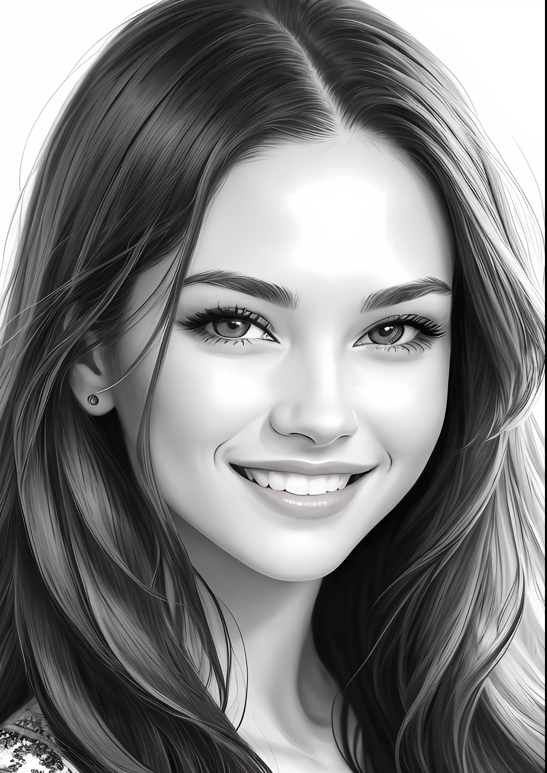 a drawing of a woman with a long hair and a big smile, potrait of a female face, a woman's face, face portrait of a woman, woman's face, face female portrait, sketch of a caucasian face, female face, portrait of a woman's face, portrait of woman's face, face portrait, simple drawing, detailed face of a woman