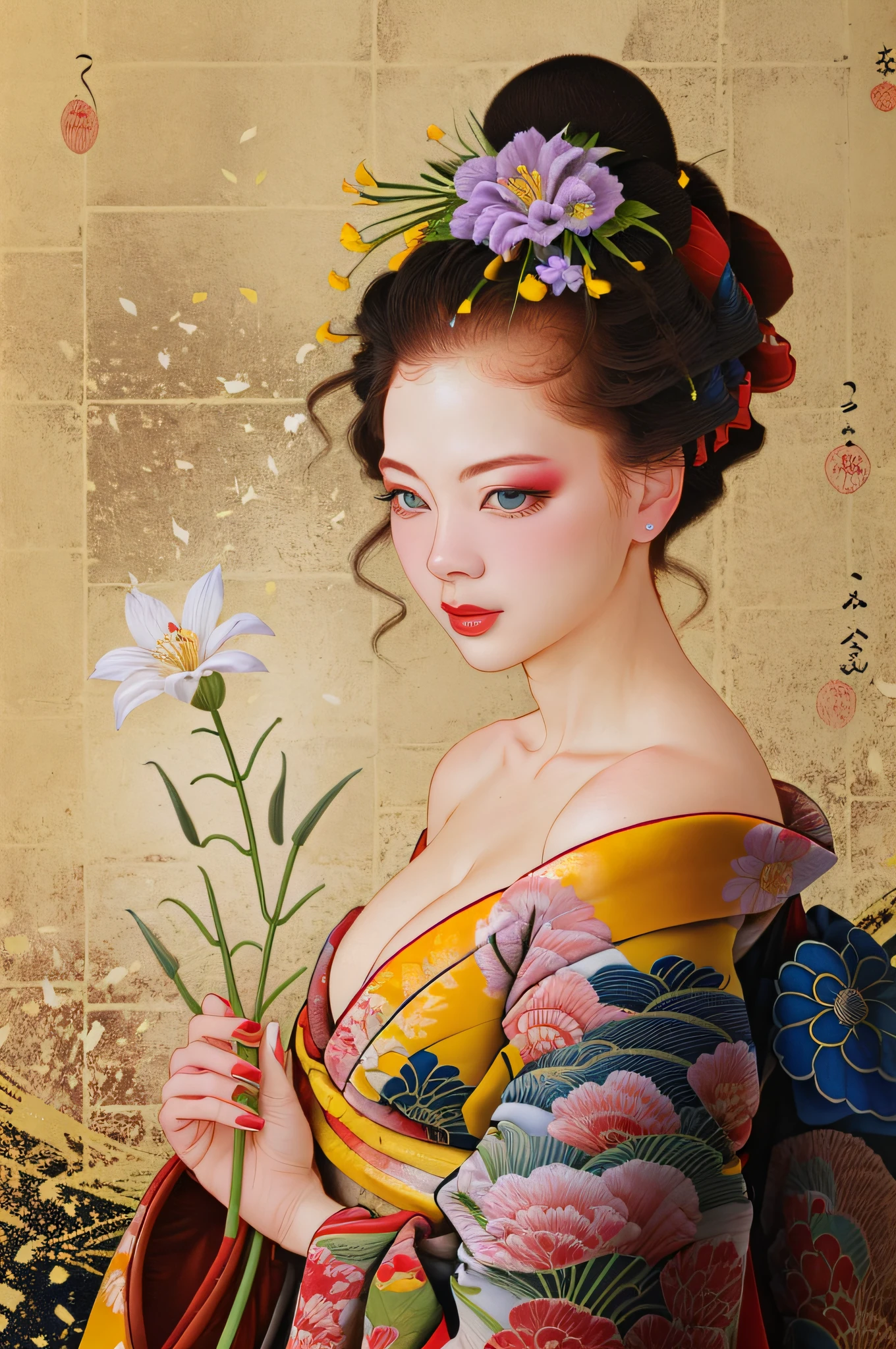split color hair,ichiro,
1girl, solo, blue eyes, black hair, hair ornament, holding, cleavage, medium breasts, flower, japanese clothes, kimono, off shoulder, nail polish, makeup, lipstick, yellow background, red nails, eyeshadow, holding flower, hair stick, kanzashi, comb,