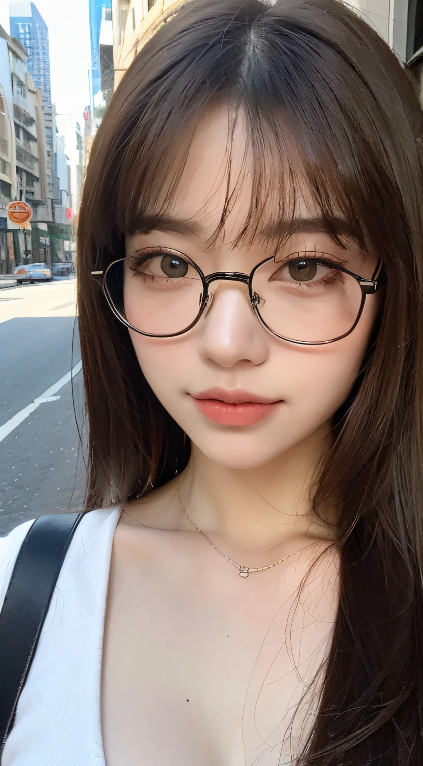 ((Top Quality, 8k, Masterpiece: 1.3)), 1 Girl, Smile, Full Body, Slim Face, Pretty Woman, (Dark Brown Hair), Ultra Detailed Face, Detailed Eyes, Double Eyelids, Blurred Background, Slim Face, City, Outside, Street, Black tabby Glasses