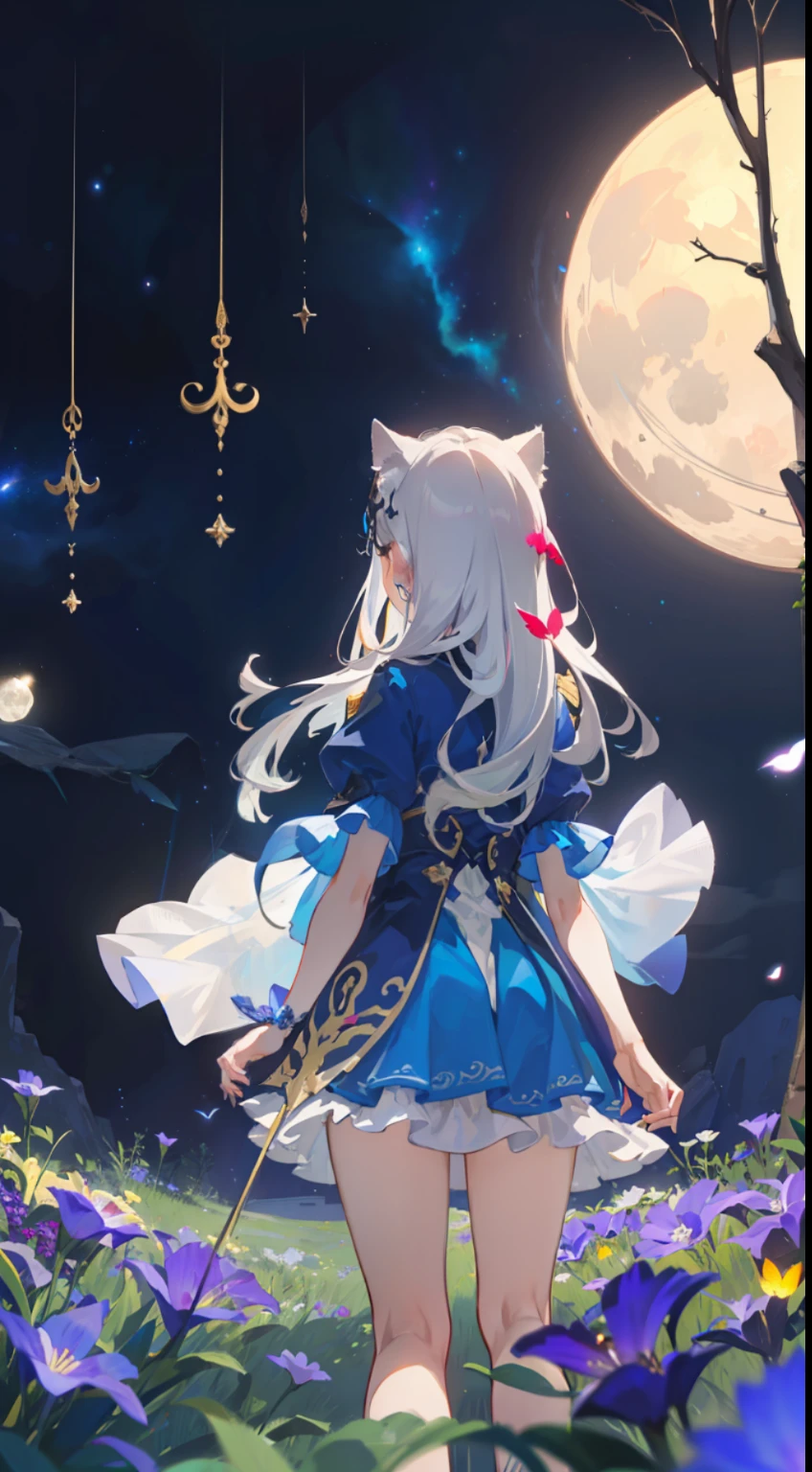 Extensive landscape photo , (above and below looking down), girl standing in flower field looking up, (full moon:1.2), ( shooting stars:0.9), (nebula:1.3), starry sky, white flower field, flower field shining, fantastic flower field, tree , (warm light source:1.2), (firefly:1. 2), lamp, orange and blue mostly fine details, voluminous lighting BREAK (Masterpiece:1.2), (top quality), 4k, super detailed, (dynamic composition:1.4), very fine details, colorful details, ( iridescent:1.2), (glowing lighting, atmospheric lighting), dreamy, fantastic, (solo:1.2), sparkling, glow, petals dancing, white hair, beautiful hair, long hair, cat ears, back view, water effects, soap bubbles, posed, hands are hidden in sleeves, Large lacy sleeves