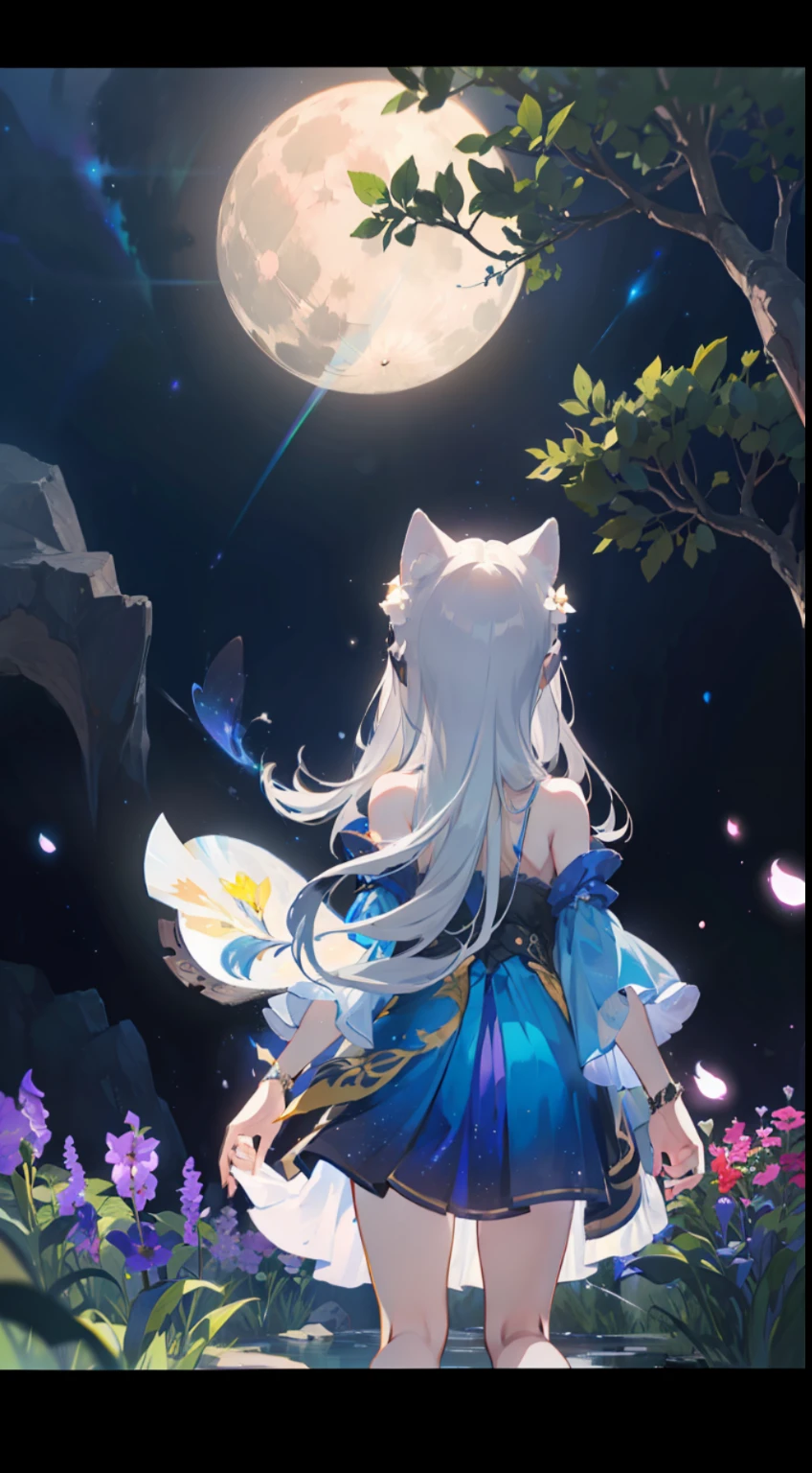 Extensive landscape photo , (above and below looking down), girl standing in flower field looking up, (full moon:1.2), ( shooting stars:0.9), (nebula:1.3), starry sky, white flower field, flower field shining, fantastic flower field, tree , (warm light source:1.2), (firefly:1. 2), lamp, orange and blue mostly fine details, voluminous lighting BREAK (Masterpiece:1.2), (top quality), 4k, super detailed, (dynamic composition:1.4), very fine details, colorful details, ( iridescent:1.2), (glowing lighting, atmospheric lighting), dreamy, fantastic, (solo:1.2), sparkling, glow, petals dancing, white hair, beautiful hair, long hair, cat ears, back view, water effects, soap bubbles, posed, hands are hidden in sleeves, Large lacy sleeves