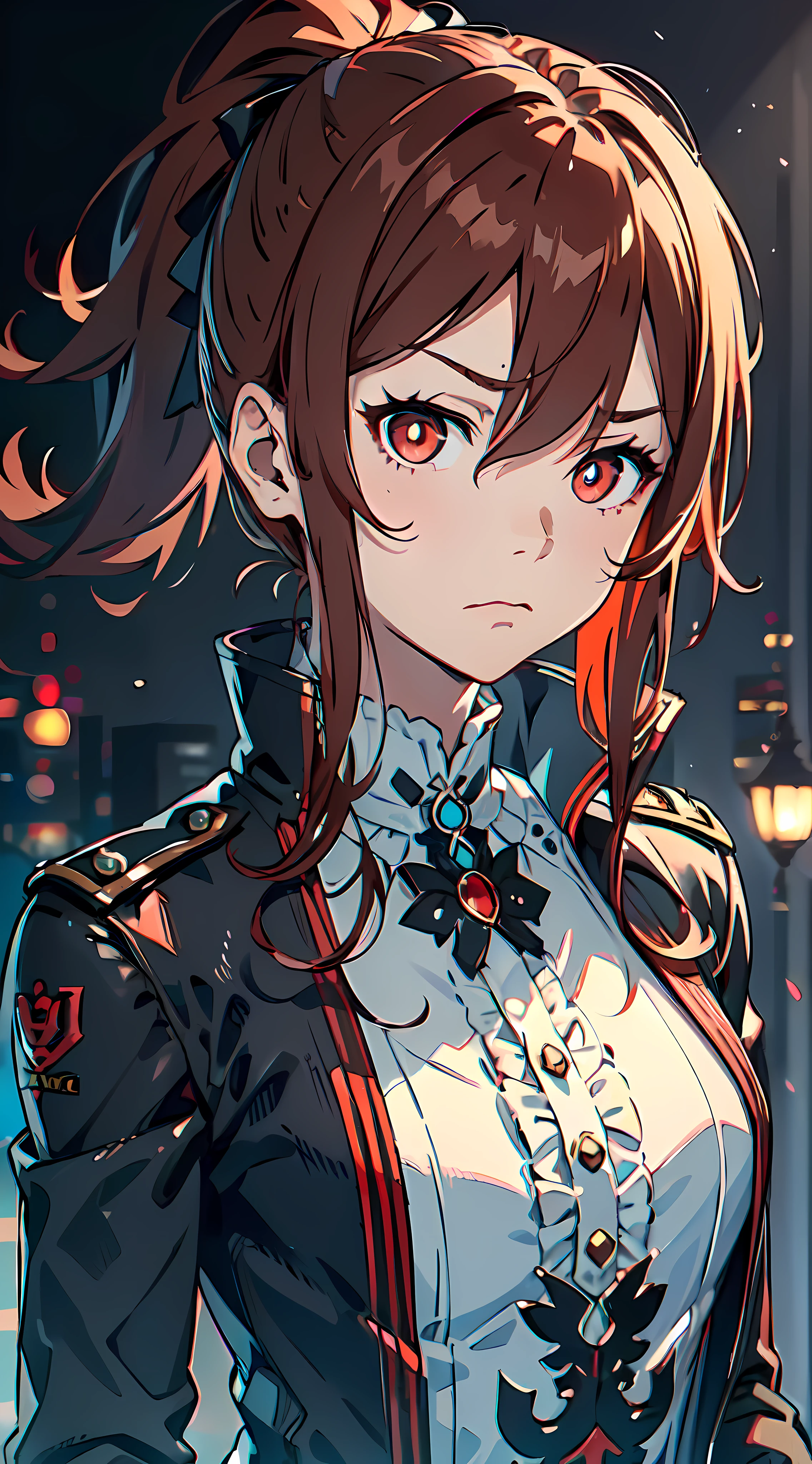 1girl, (solo:1.2), ((masterpiece)), [slim], (small chest), ((detailed eyes)), (bokeh effect), medium shot, jeandef, (dark red hair), ponytail, (red and black) uniform, (red eyes), closed mouth, (frown), narrowed eyes, annoyed, (constricted pupils), small pupils, evil theme