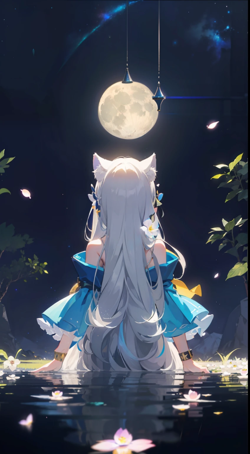 Extensive landscape photo , (above and below looking down), girl standing in flower field looking up, (full moon:1.2), ( shooting stars:0.9), (nebula:1.3), starry sky, white flower field, flower field shining, fantastic flower field, tree , (warm light source:1.2), (firefly:1. 2), lamp, orange and blue mostly fine details, voluminous lighting BREAK (Masterpiece:1.2), (top quality), 4k, super detailed, (dynamic composition:1.4), very fine details, colorful details, ( iridescent:1.2), (glowing lighting, atmospheric lighting), dreamy, fantastic, (solo:1.2), sparkling, glow, petals dancing, white hair, beautiful hair, long hair, cat ears, back view, water effects, soap bubbles, posed, hands are hidden in sleeves, Large lacy sleeves