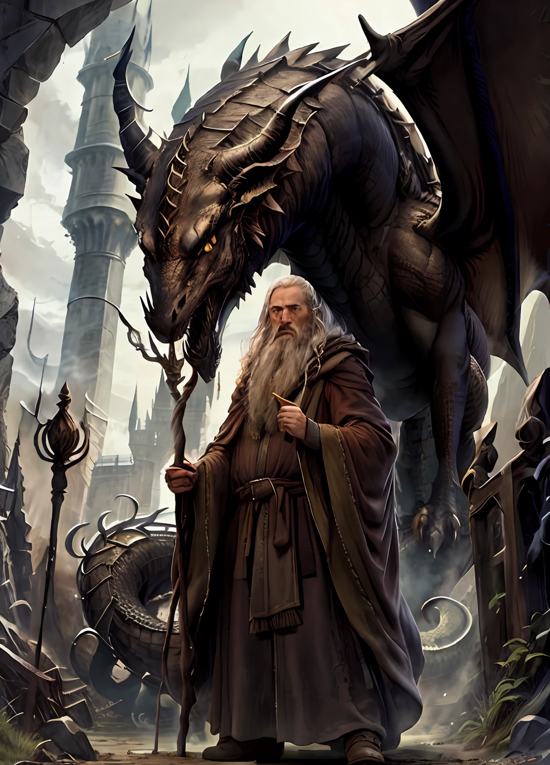 An ancient wizard in brown robes, brandishing his staff, stands in defiance against a fierce dragon in front of a majestic castle.