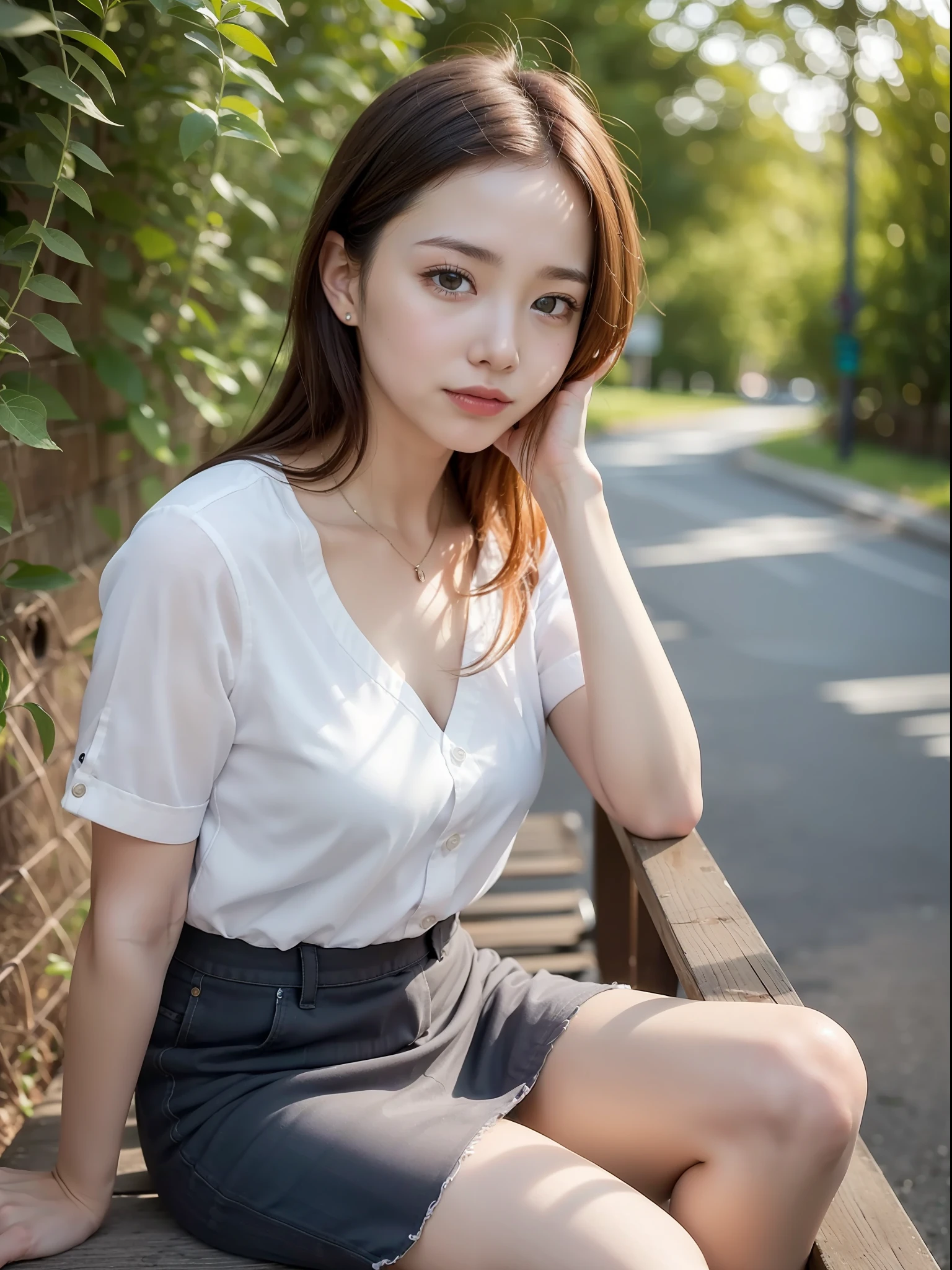 ((top quality, 8k, masterpiece: 1.3, raw photo)), Sharp Focus: 1.2, (1 Espa Girl: 1.2), (Realistic, Photorealistic: 1.37), (Face Focus: 1.1), Cute face, tenderness, small, flat breasts, short disheveled hair, sitting, legs spread, beautiful woman sitting on a country road at dusk, white summer casual shirt, skirt, sitting, legs spread, daylight, Movie lighting