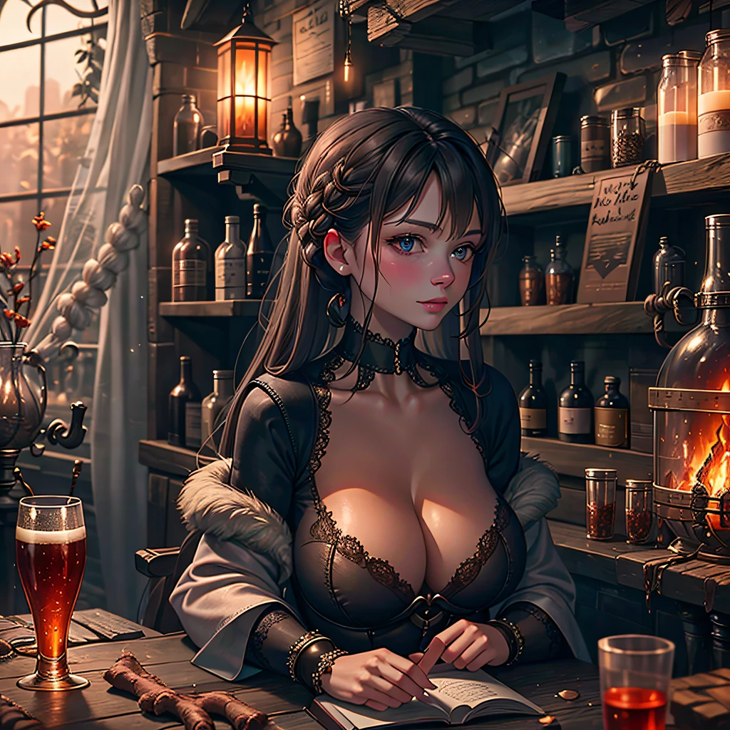 beautiful ginger women in detailed dress at cozy detailed potions shop, air above hair, IPA award wining, masterpiece